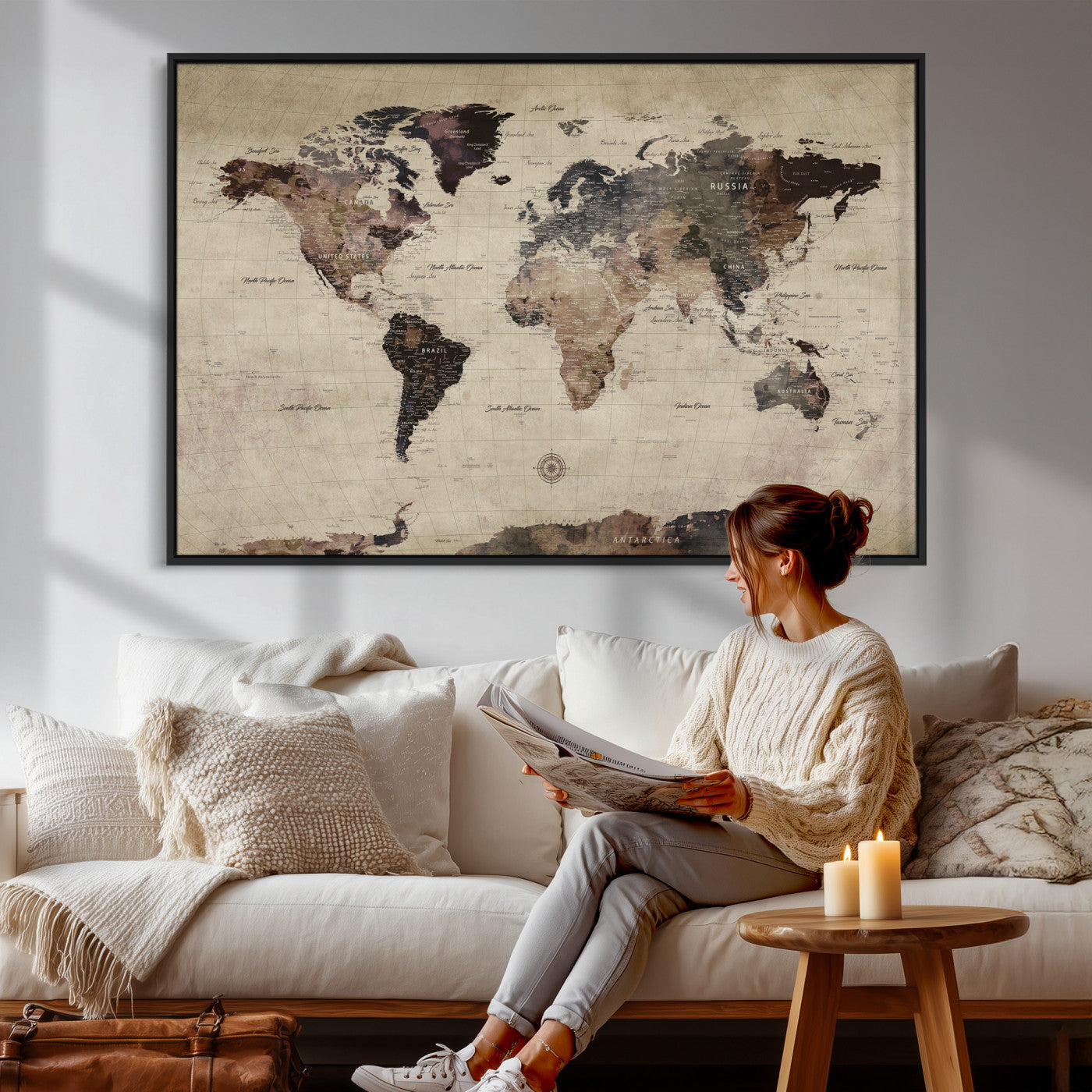 60560672-MGV-CV-36X24 - World Map Wall Art Canvas Print, Modern Decorative Framed Map Artwork Prints for Living Room, Office, Bedroom Wall Decor