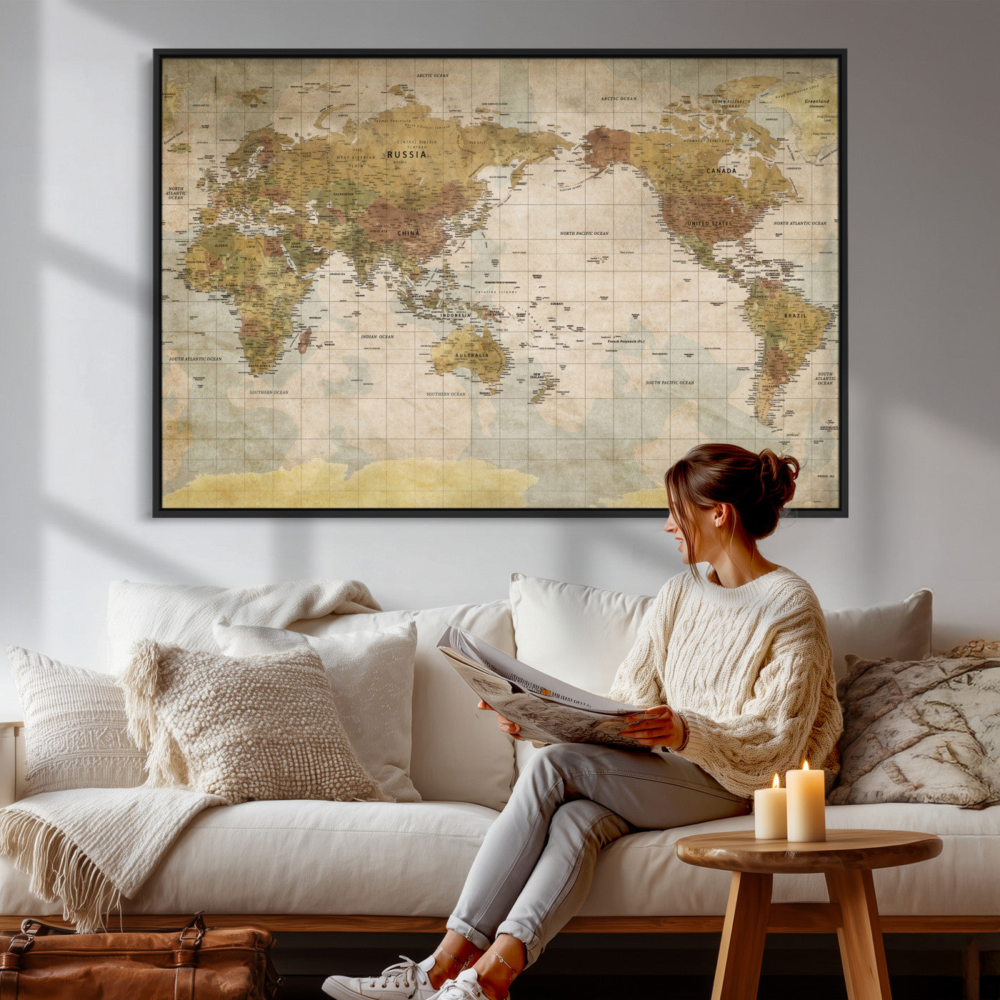 22305205-MGV-CV-36X24 - World Map Wall Art Canvas Print, Modern Decorative Framed Map Artwork Prints for Living Room, Office, Bedroom Wall Decor