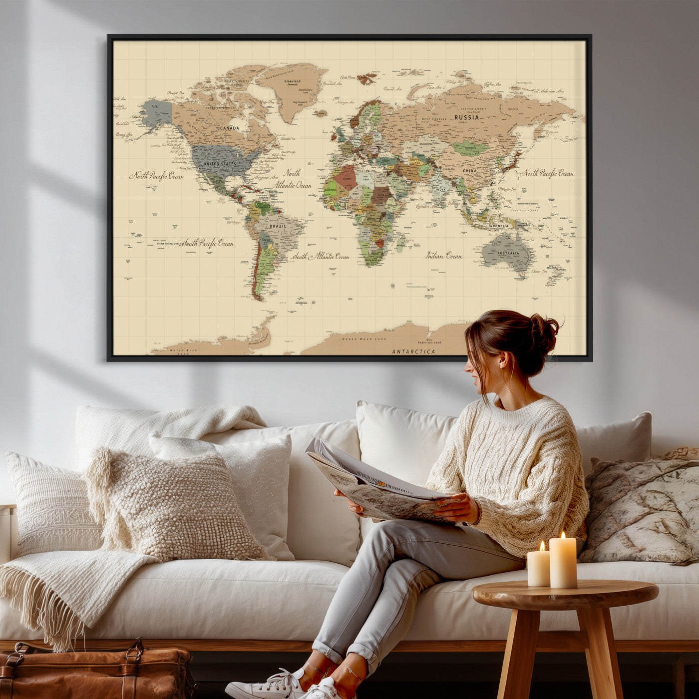 31407854-MGV-CV-36X24 - World Map Wall Art Canvas Print, Modern Decorative Framed Map Artwork Prints for Living Room, Office, Bedroom Wall Decor