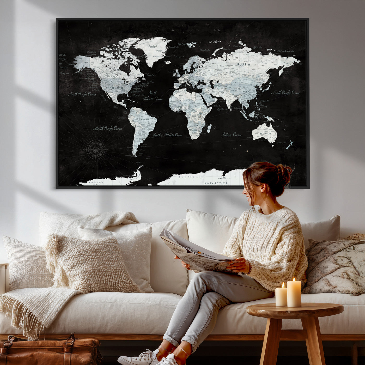 28664806-MGV-CV-36X24 - World Map Wall Art Canvas Print, Modern Decorative Framed Map Artwork Prints for Living Room, Office, Bedroom Wall Decor
