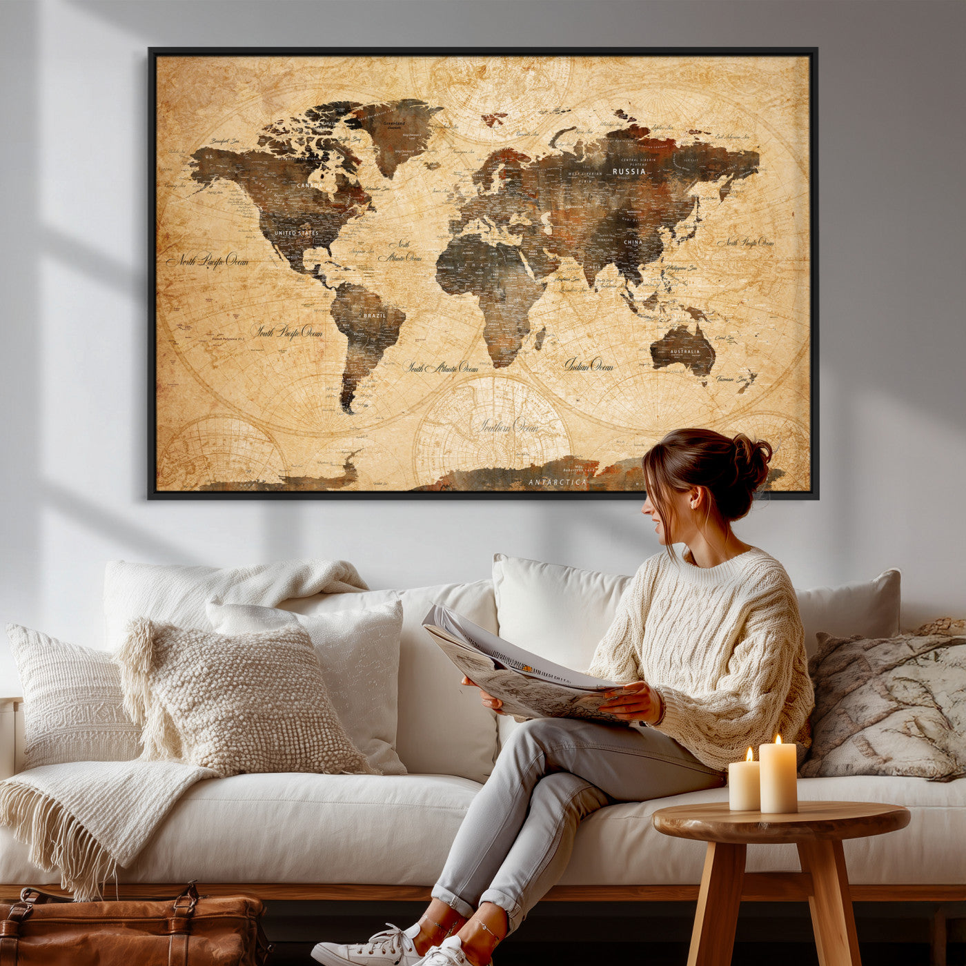 63156625-MGV-CV-36X24 - World Map Wall Art Canvas Print, Modern Decorative Framed Map Artwork Prints for Living Room, Office, Bedroom Wall Decor