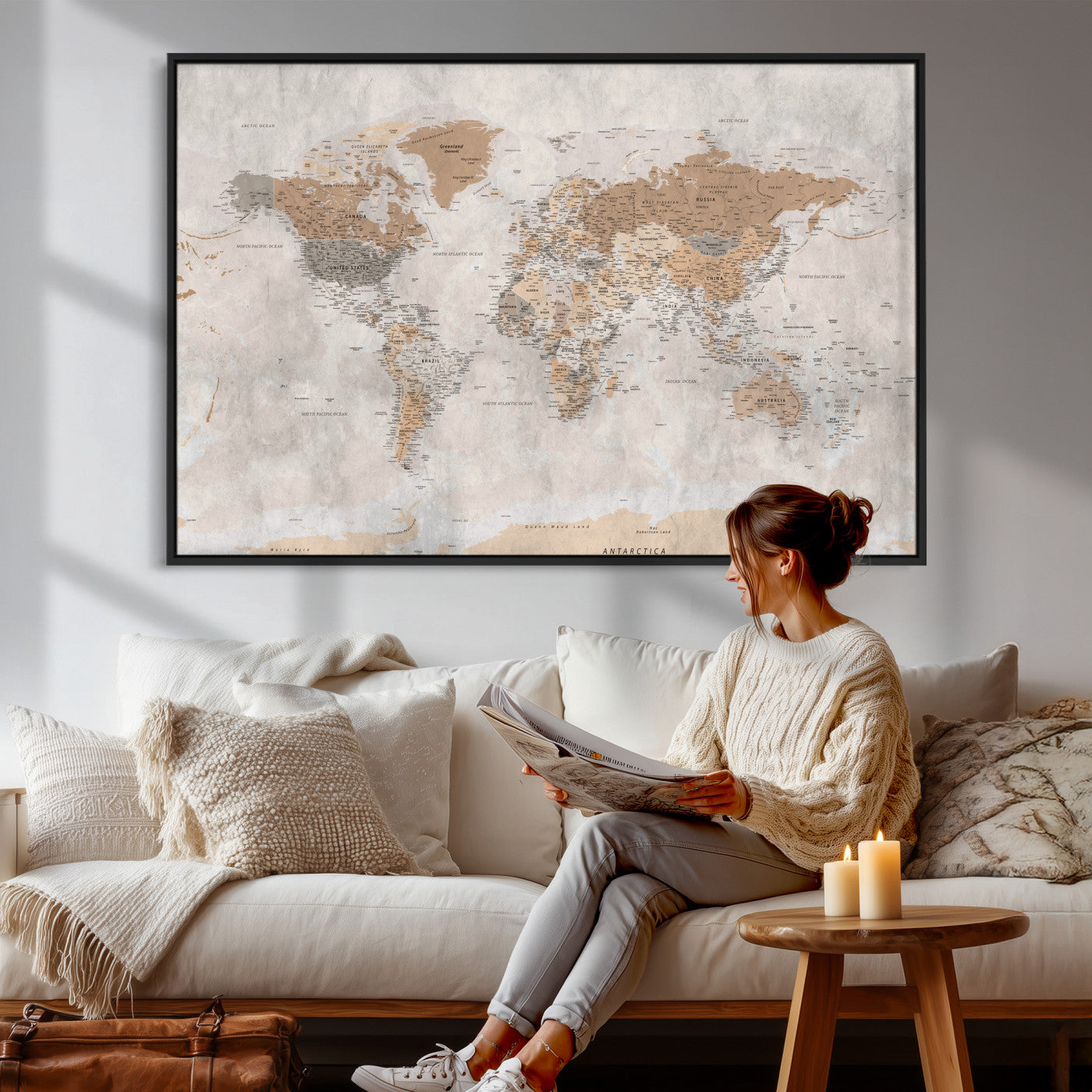 34051638-MGV-CV-36X24 - World Map Wall Art Canvas Print, Modern Decorative Framed Map Artwork Prints for Living Room, Office, Bedroom Wall Decor