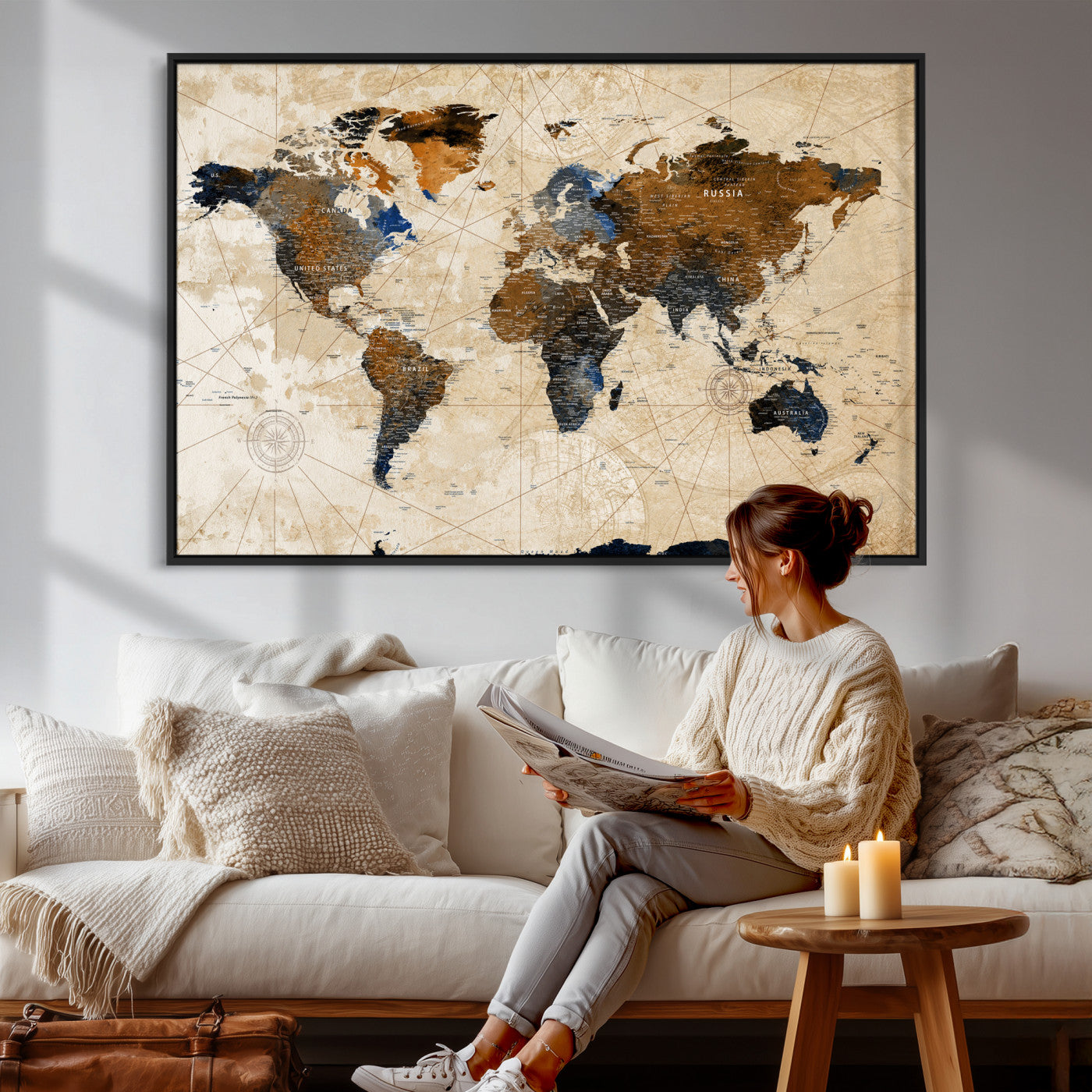 15727090-MGV-CV-36X24 - World Map Wall Art Canvas Print, Modern Decorative Framed Map Artwork Prints for Living Room, Office, Bedroom Wall Decor