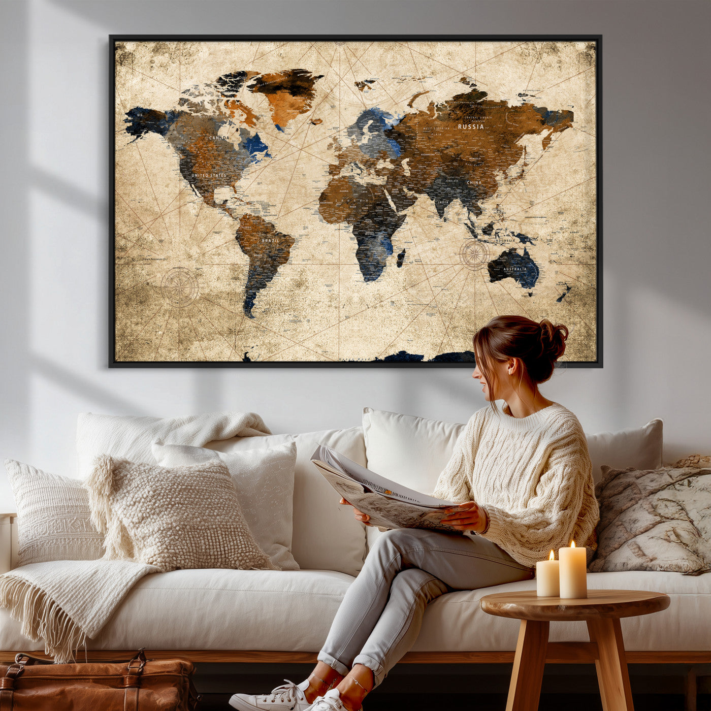 27163414-MGV-CV-36X24 - World Map Wall Art Canvas Print, Modern Decorative Framed Map Artwork Prints for Living Room, Office, Bedroom Wall Decor