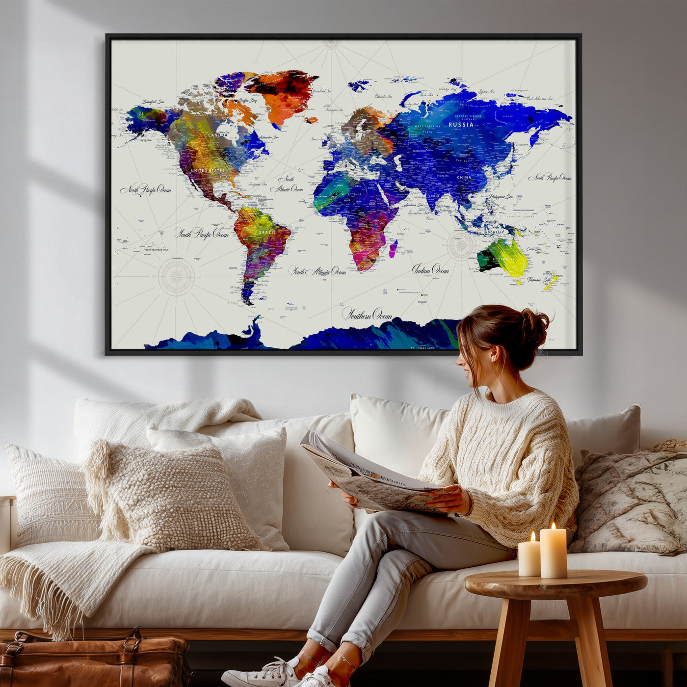 49670038-MGV-CV-36X24 - World Map Wall Art Canvas Print, Modern Decorative Framed Map Artwork Prints for Living Room, Office, Bedroom Wall Decor