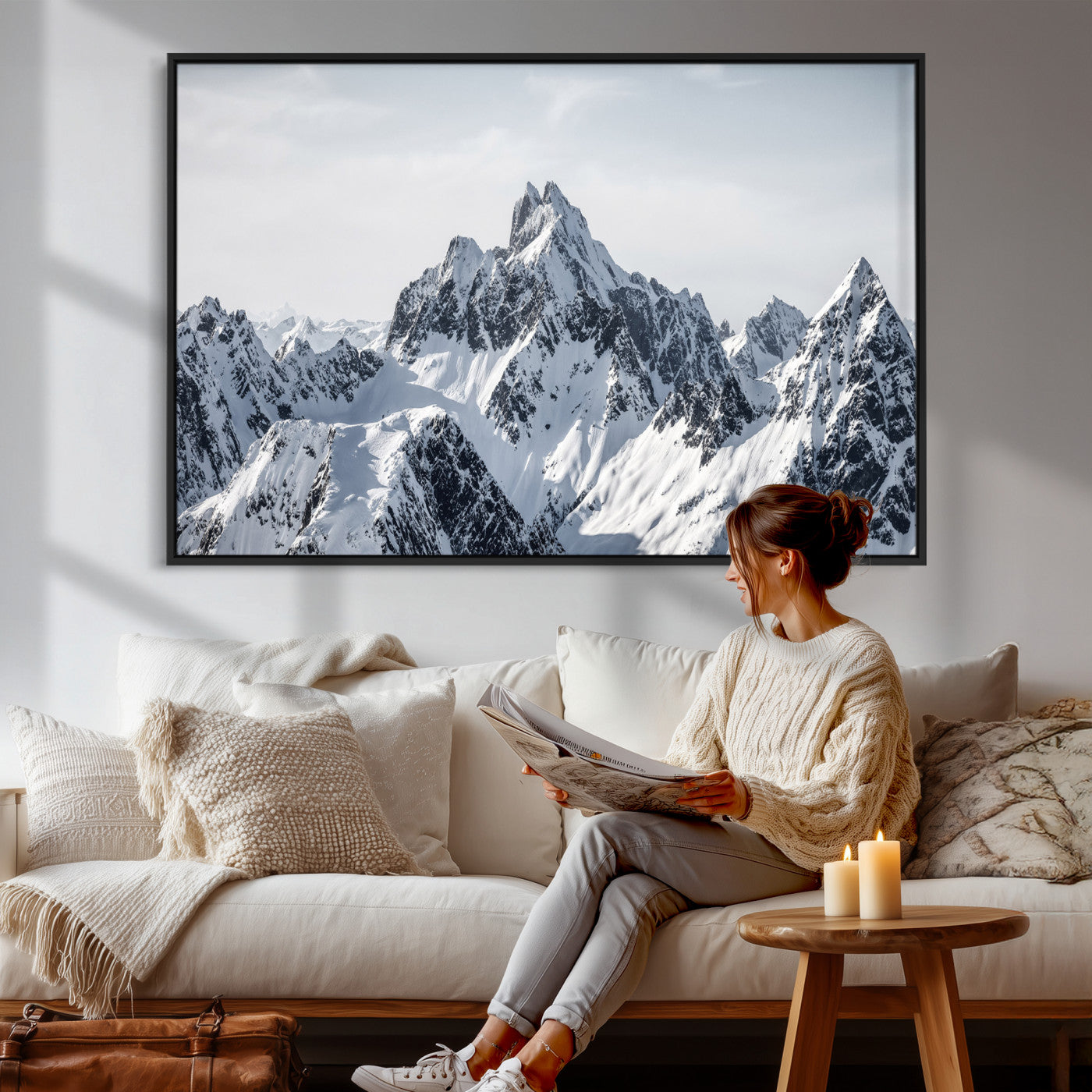 33126265-MGV-CV-36X24 - Snowy Mountain Range Canvas Print, Alpine Peaks Landscape Wall Art, Framed Canvas Ready to Hang