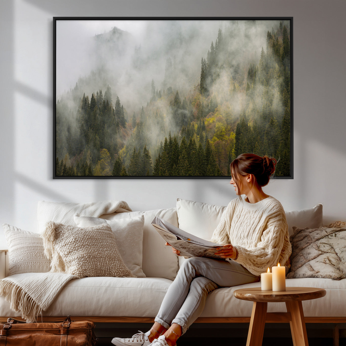 31152954-MGV-CV-36X24 - Misty Mountain Forest Canvas Print, Foggy Pine Trees Nature Wall Art, Framed Canvas Ready to Hang