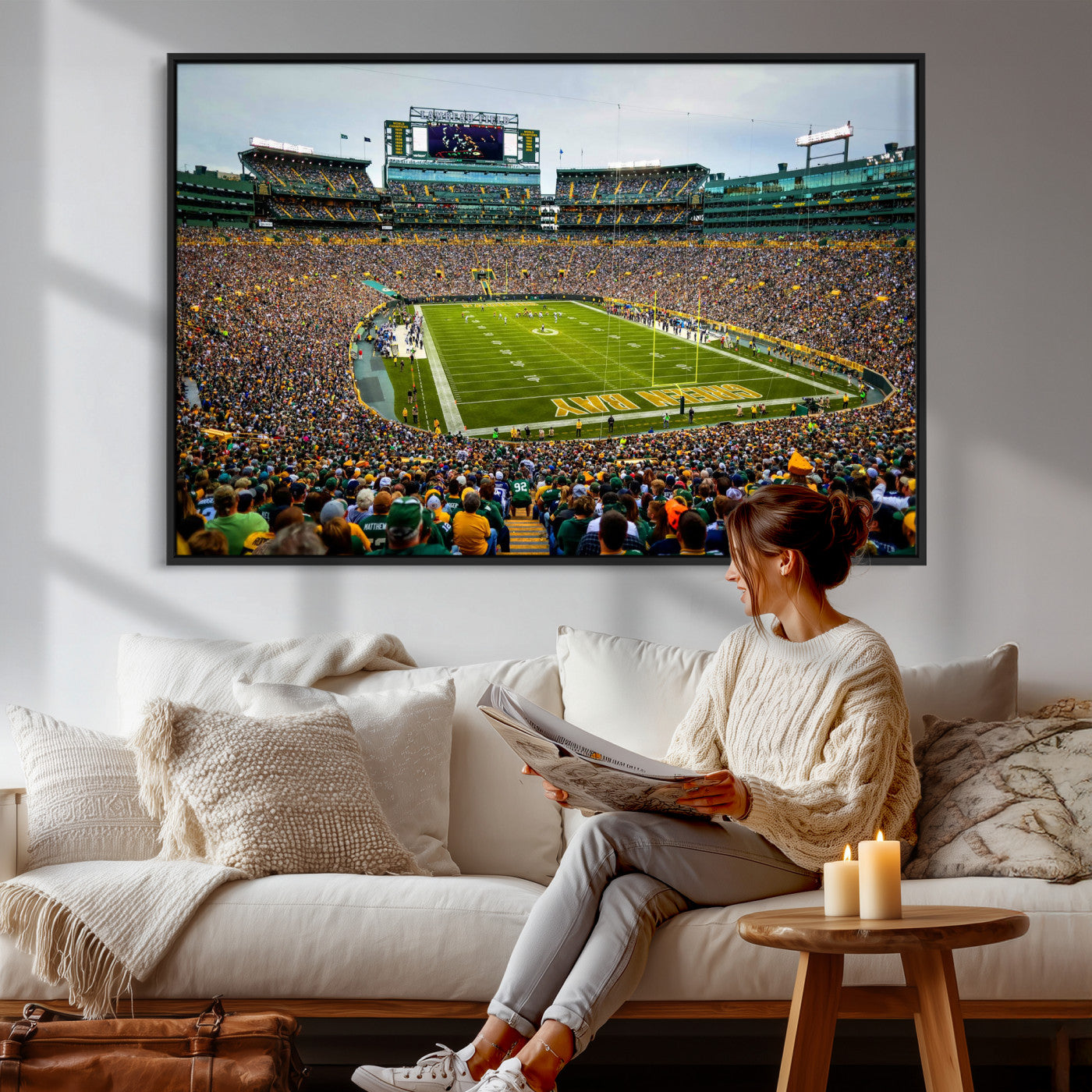 56521752-MGV-CV-36X24 - Green Bay Packers Stadium Wall Art Canvas Print, Lambeau Field Football Stadium Artwork, Framed Wall Art Ready to Hang
