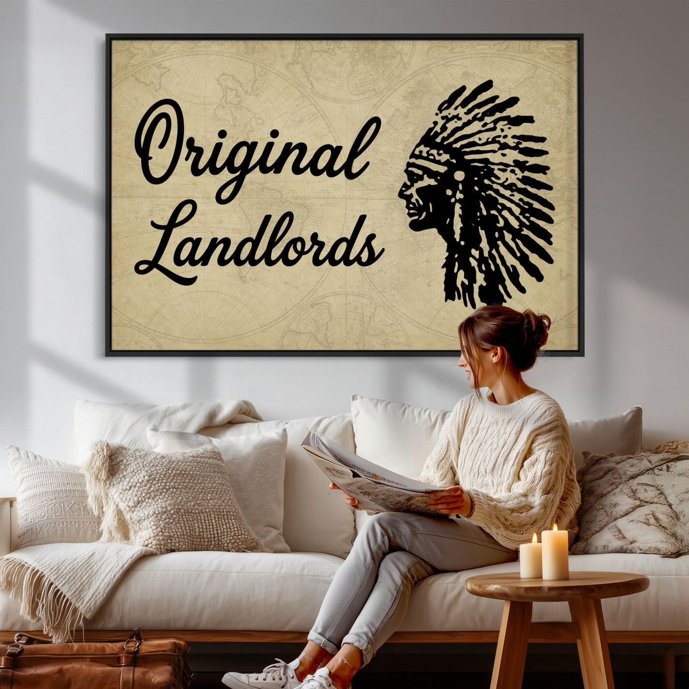 56844712-MGV-CV-36X24 - Original Landlords Wall Art Canvas Print, Native American Silhouette Artwork, Framed Wall Art Ready to Hang