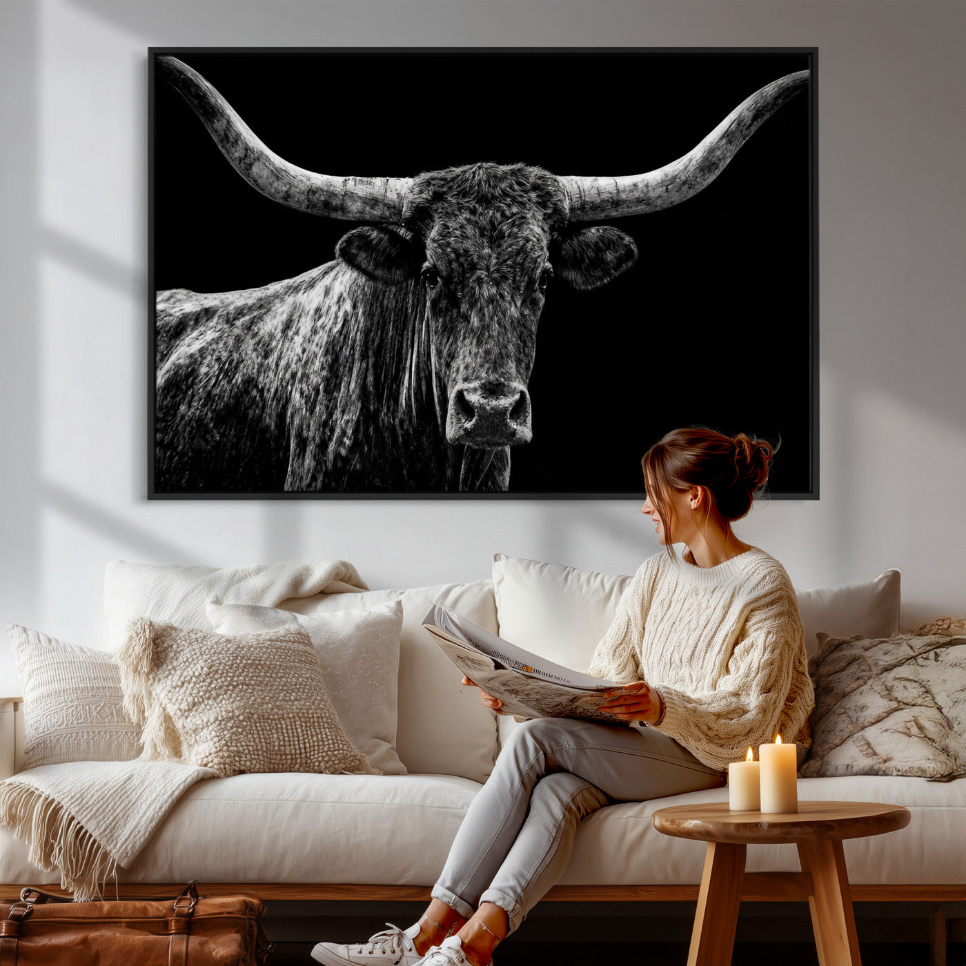 86568508-MGV-CV-36X24 - Vintage Texas Longhorn Bull Wall Art Canvas Print, Texas Cow Portrait Print, Framed Bull Wall Art Ready to Hang