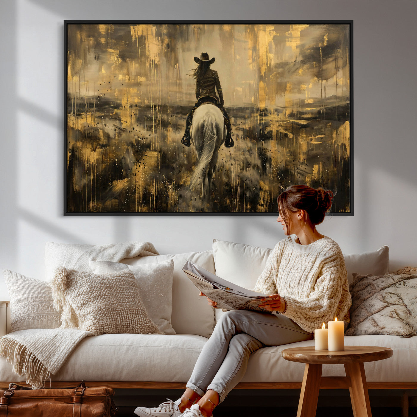 20465530-MGV-CV-36X24 - Cowgirl Wall Art Canvas Print, Western Horse Rider Wall Art, Framed Wall Art Ready to Hang