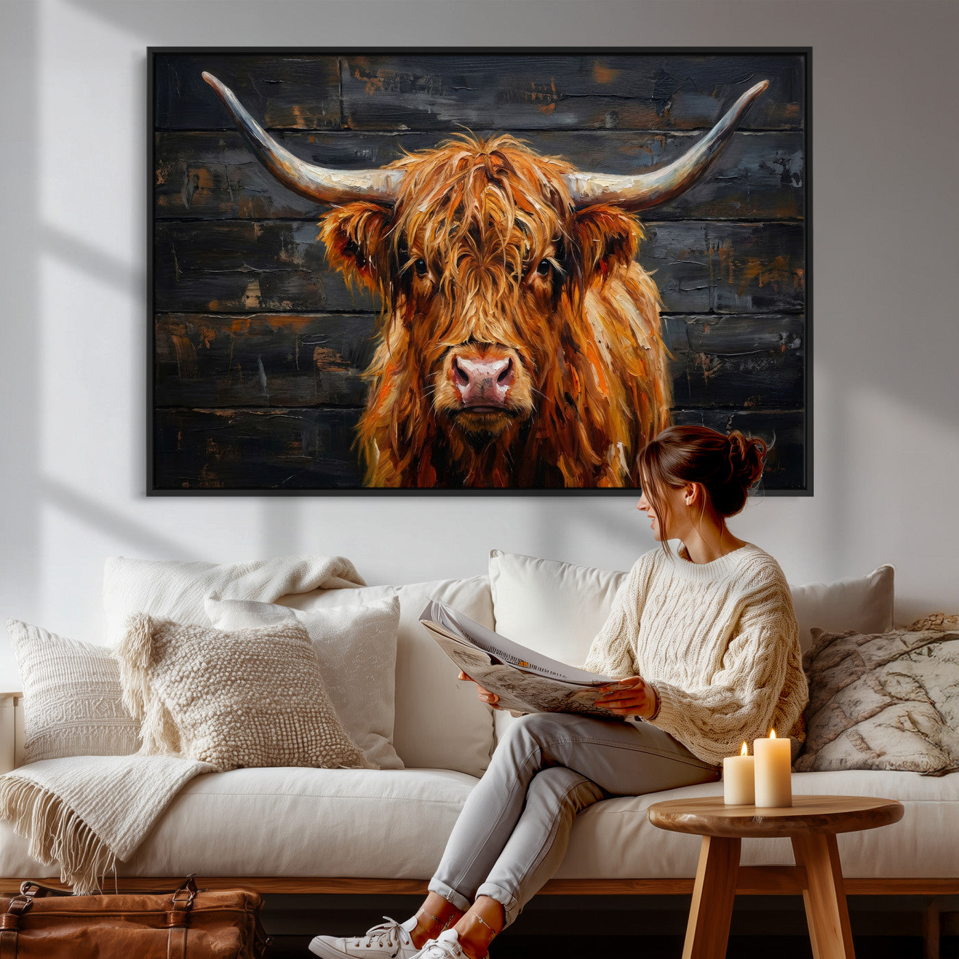 32536611-MGV-CV-36X24 - Highland Cow Wall Art Canvas Print, Rustic Farm Animal Painting, Framed Wall Art Ready to Hang
