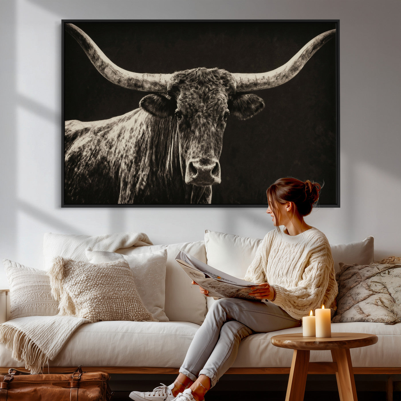 74513721-MGV-CV-36X24 - Vintage Texas Longhorn Bull Wall Art Canvas Print, Cow Portrait Photography Print, Framed Wall Art Ready to Hang