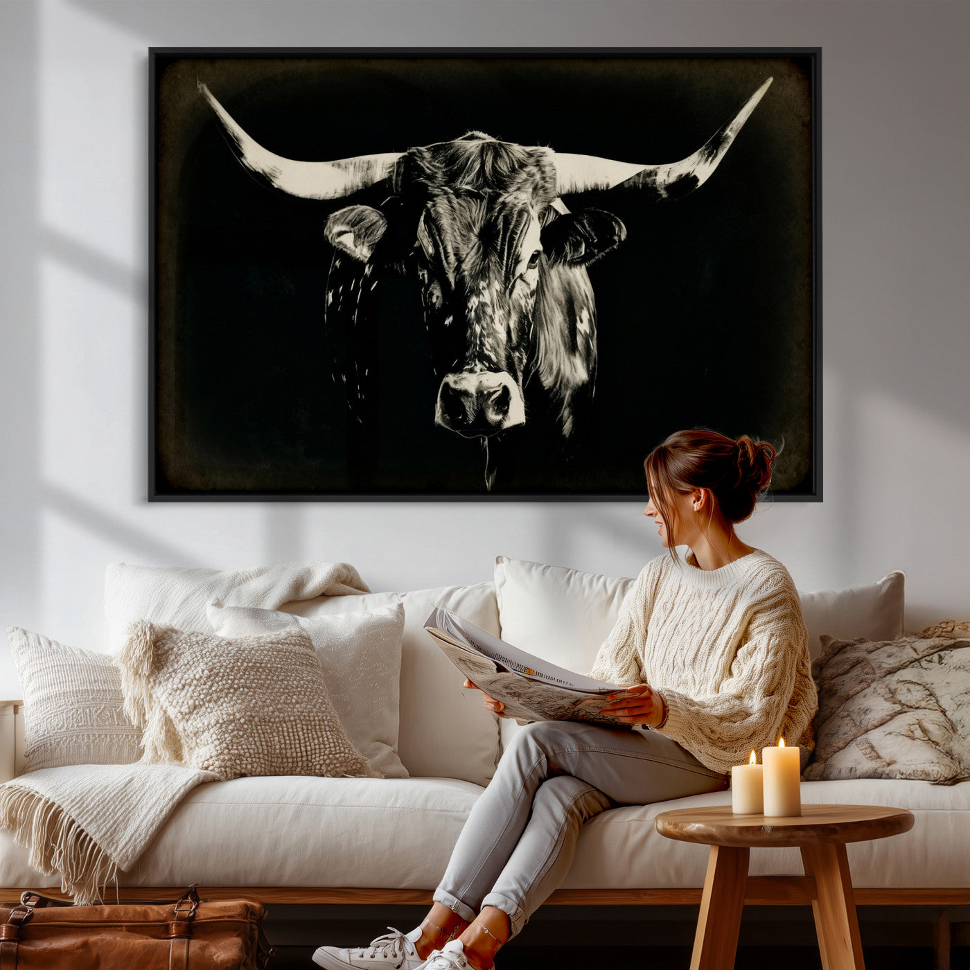 91364114-MGV-CV-36X24 - Black Bull Wall Art Canvas Print, Texas Longhorn Portrait Print, Framed Wall Art Ready to Hang