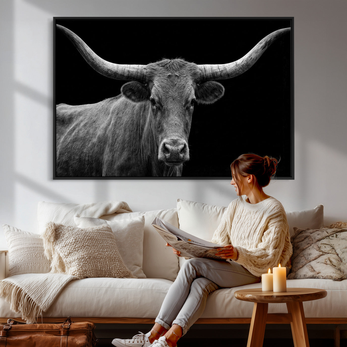 32601430-MGV-CV-36X24 - Texas Longhorn Bull Wall Art Canvas Print, Cow Portrait Photography, Framed Wall Art Ready to Hang