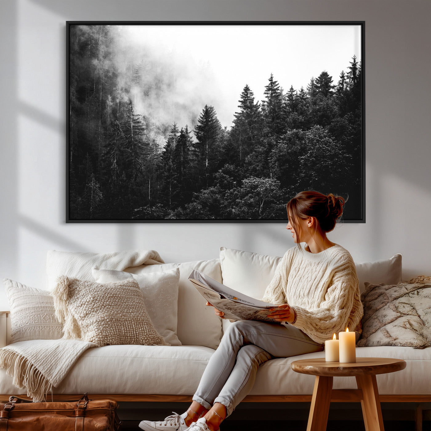 98764151-MGV-CV-36X24 - Black and White Forest Wall Art Canvas Print, Misty Pine Tree Landscape Photography, Framed Wall Art Ready to Hang