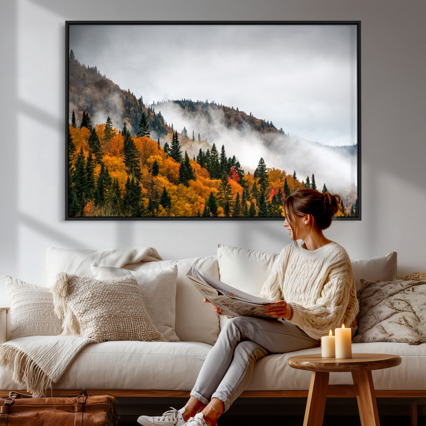 93581632-MGV-CV-36X24 - Autumn Forest Wall Art Canvas Print, Foggy Mountain Landscape Nature Photography, Framed Wall Art Ready to Hang