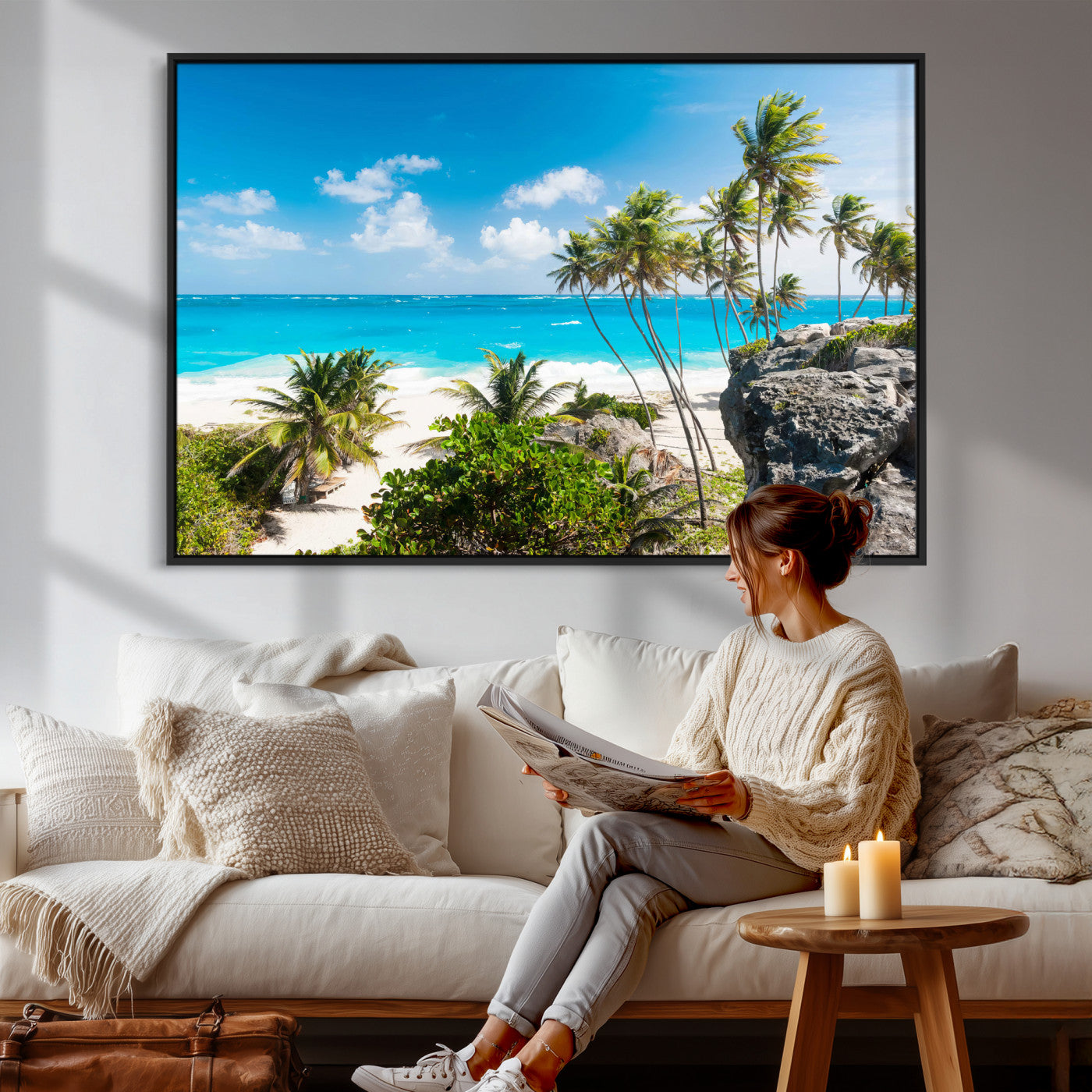 79995168-MGV-CV-36X24 - Barbados Beach Wall Art Canvas Print, Palm Tree Ocean Landscape, Turquoise Sea Coastal Photography, Tropical Island Wall Decor, Framed Ready to Hang