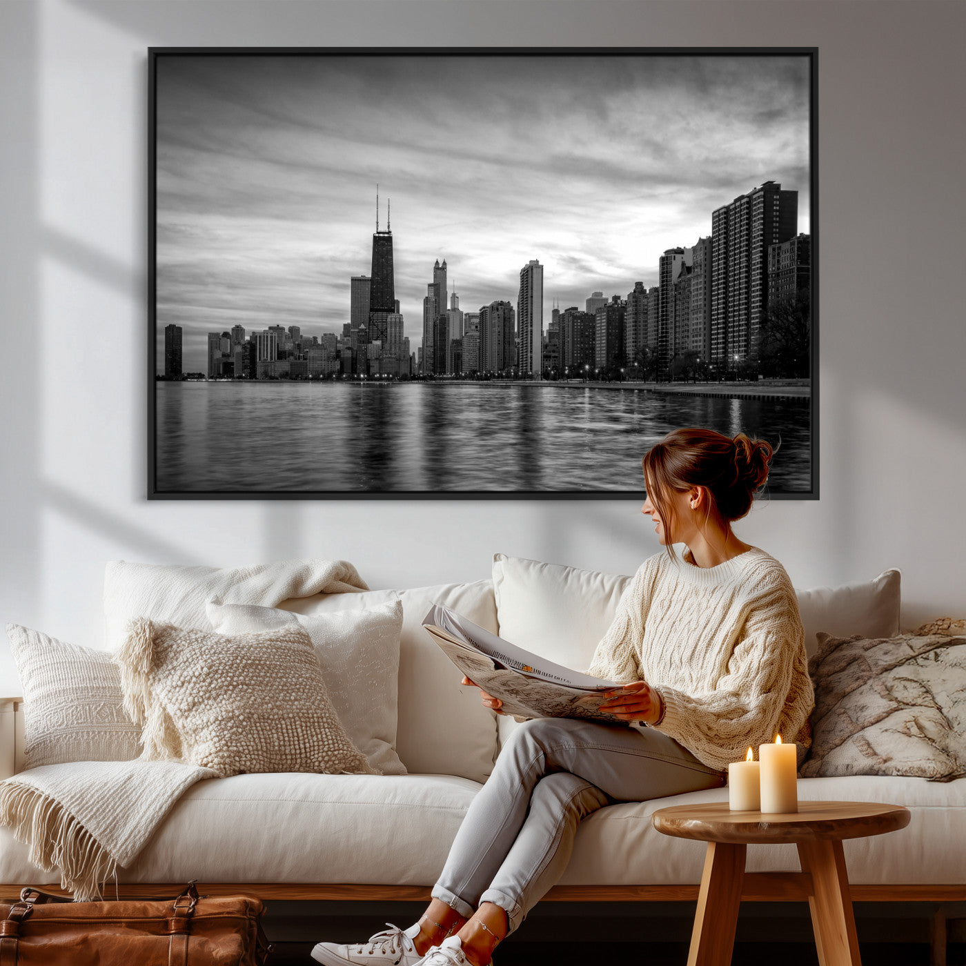 74552581-MGV-CV-36X24 - Chicago Wall Art Canvas Print, Chicago City Downtown Night Cityscape Print for Modern Urban Wall Decor