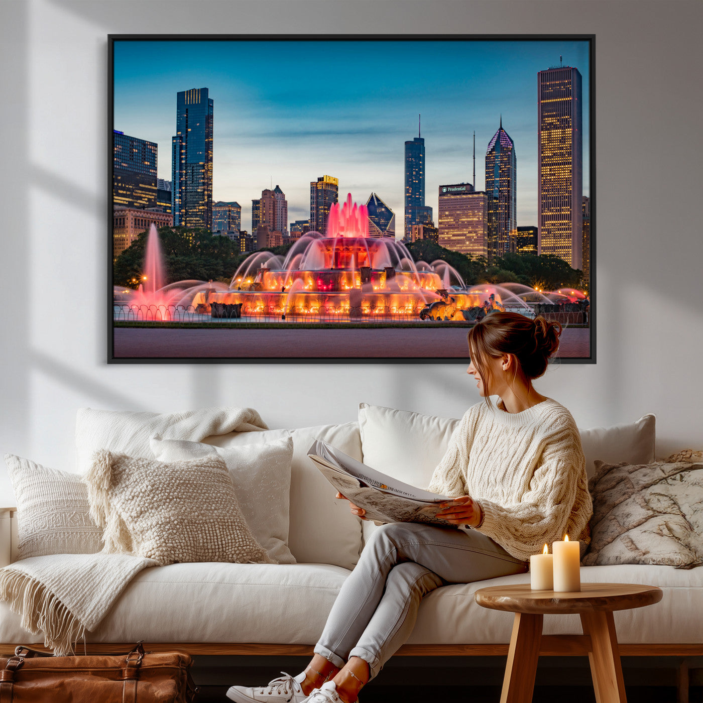46805285-MGV-CV-36X24 - Chicago Wall Art Canvas Print, Chicago City Downtown Night Cityscape Print for Modern Urban Wall Decor