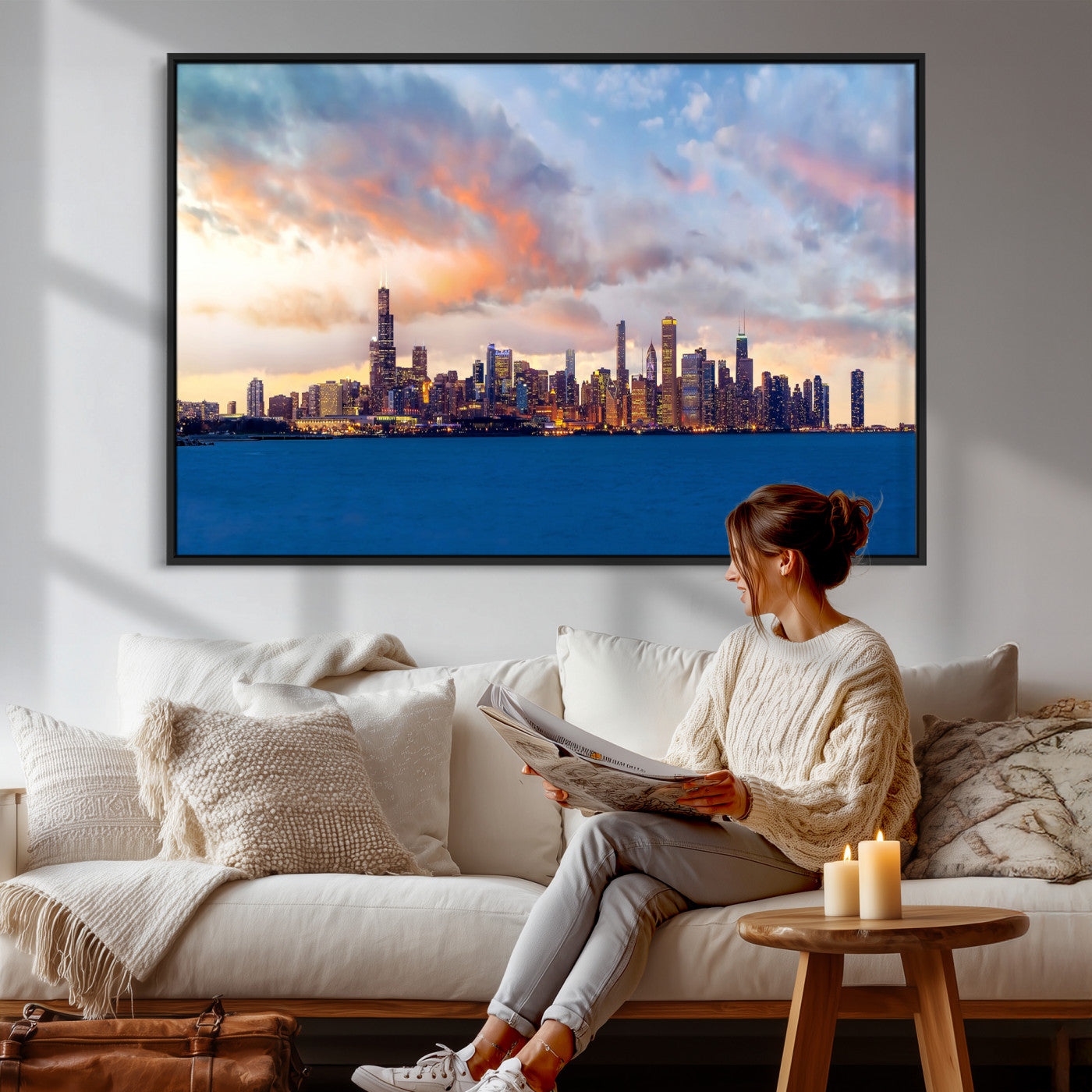 34667960-MGV-CV-36X24 - Chicago Wall Art Canvas Print, Chicago City Downtown Night Cityscape Print for Modern Urban Wall Decor