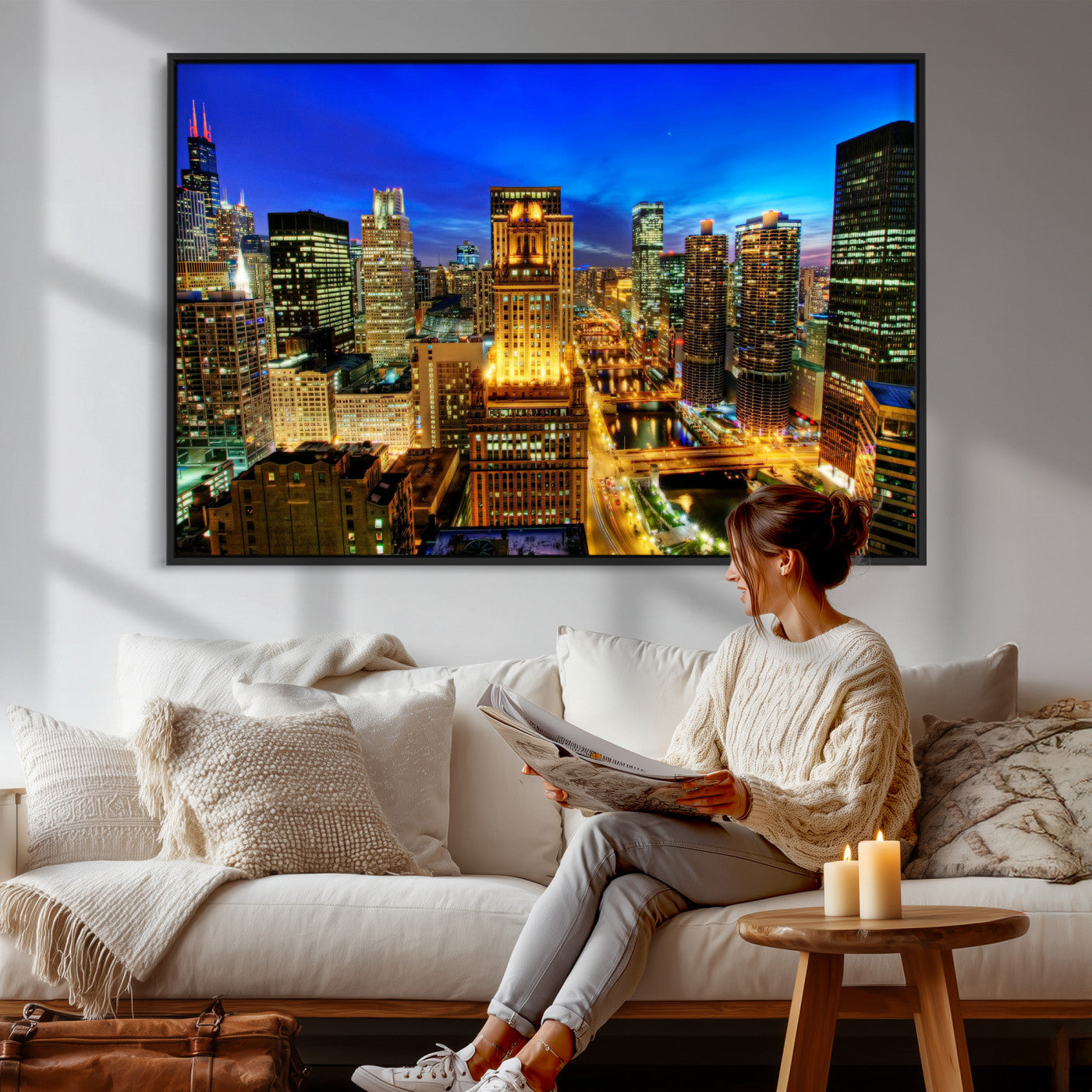 46298885-MGV-CV-36X24 - Chicago Wall Art Canvas Print, Chicago City Downtown Night Cityscape Print for Modern Urban Wall Decor