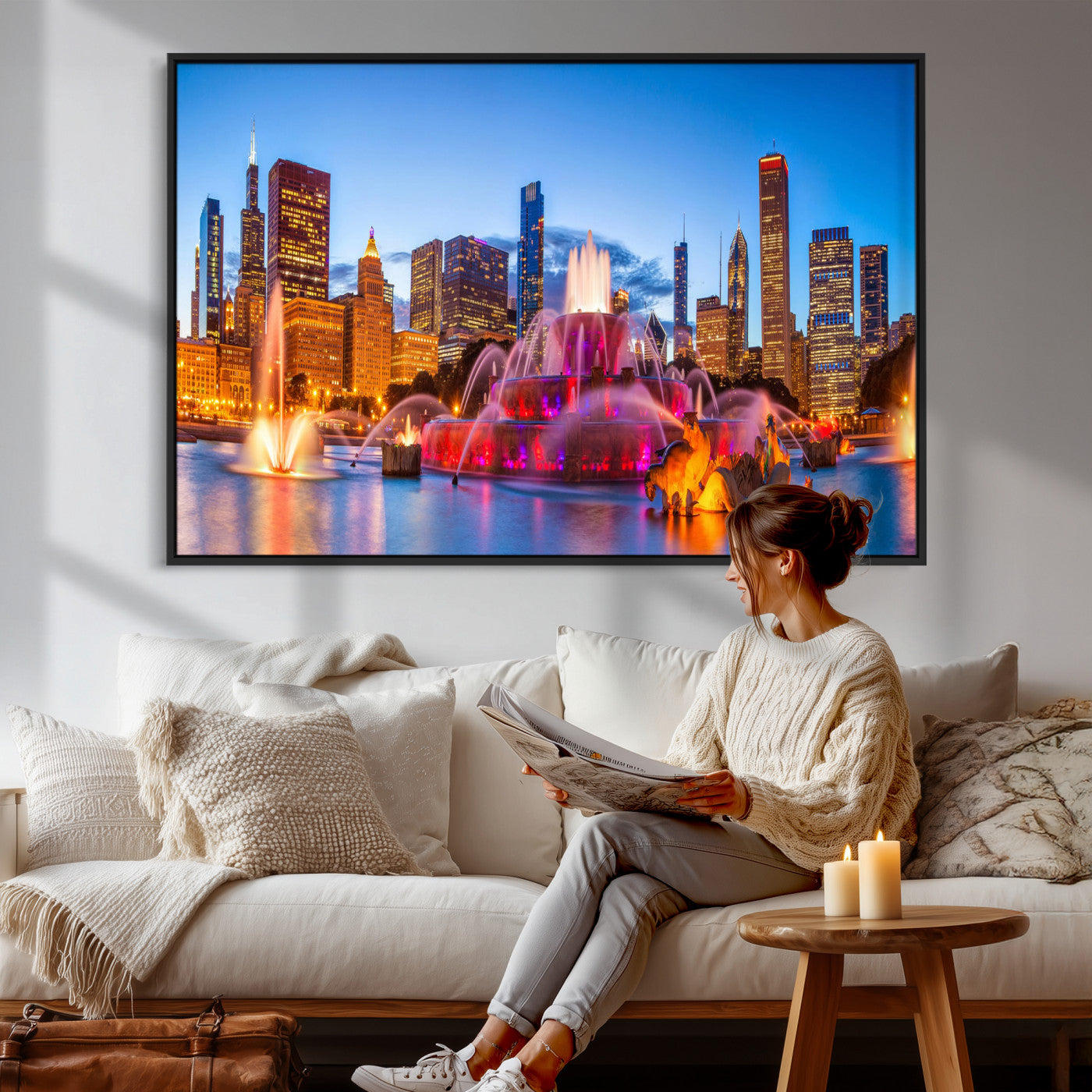 20251989-MGV-CV-36X24 - Chicago Wall Art Canvas Print, Chicago City Downtown Night Cityscape Print for Modern Urban Wall Decor