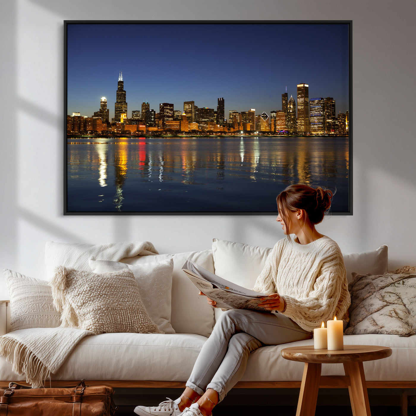 67308035-MGV-CV-36X24 - Chicago Wall Art Canvas Print, Chicago City Downtown Night Cityscape Print for Modern Urban Wall Decor
