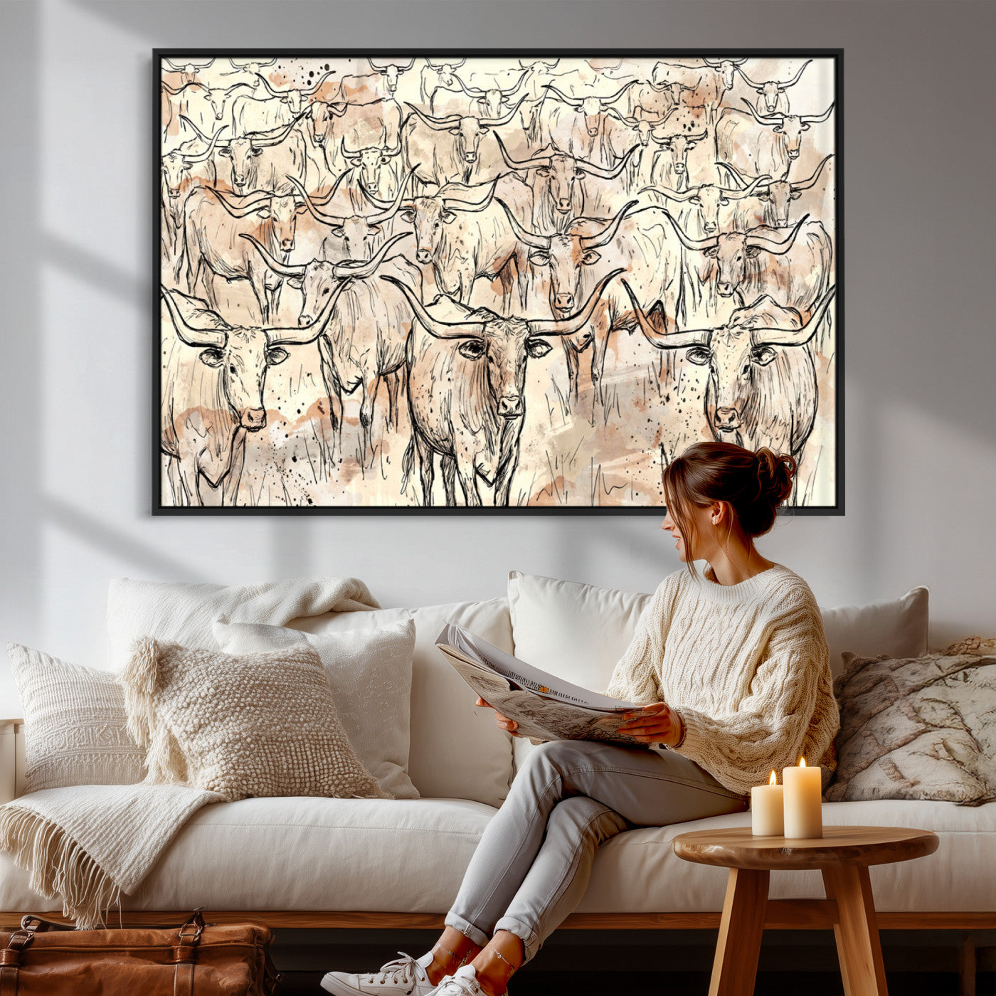 94055403-MGV-CV-36X24 - Farmhouse Animals Wall Art Canvas Print - Abstract Farm Animal Drawing Mid-Century Wall Art for Cabin Decor
