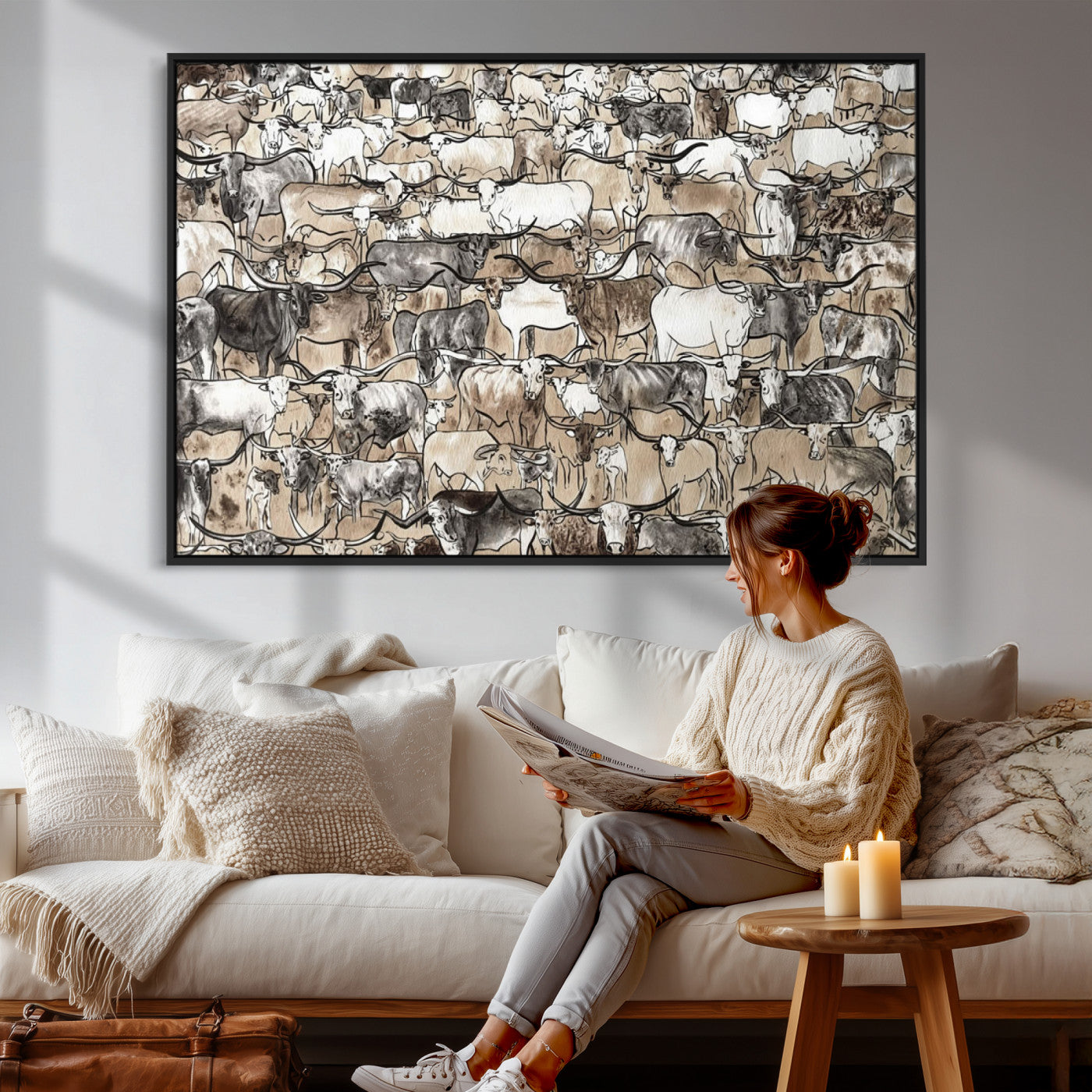 64368752-MGV-CV-36X24 - Farmhouse Animals Wall Art Canvas Print - Abstract Farm Animal Drawing Mid-Century Wall Art for Cabin Decor