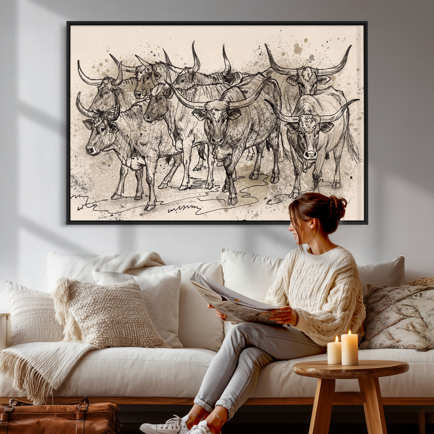74232558-MGV-CV-36X24 - Farmhouse Animals Wall Art Canvas Print - Abstract Farm Animal Drawing Mid-Century Wall Art for Cabin Decor