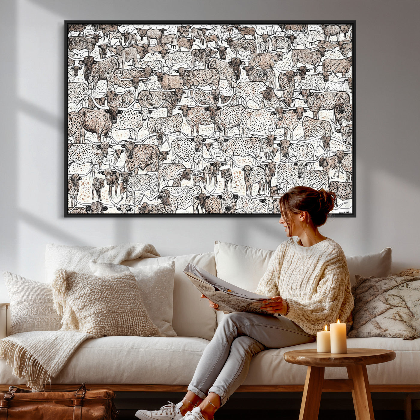 49200255-MGV-CV-36X24 - Farmhouse Animals Wall Art Canvas Print - Abstract Farm Animal Drawing Mid-Century Wall Art for Cabin Decor