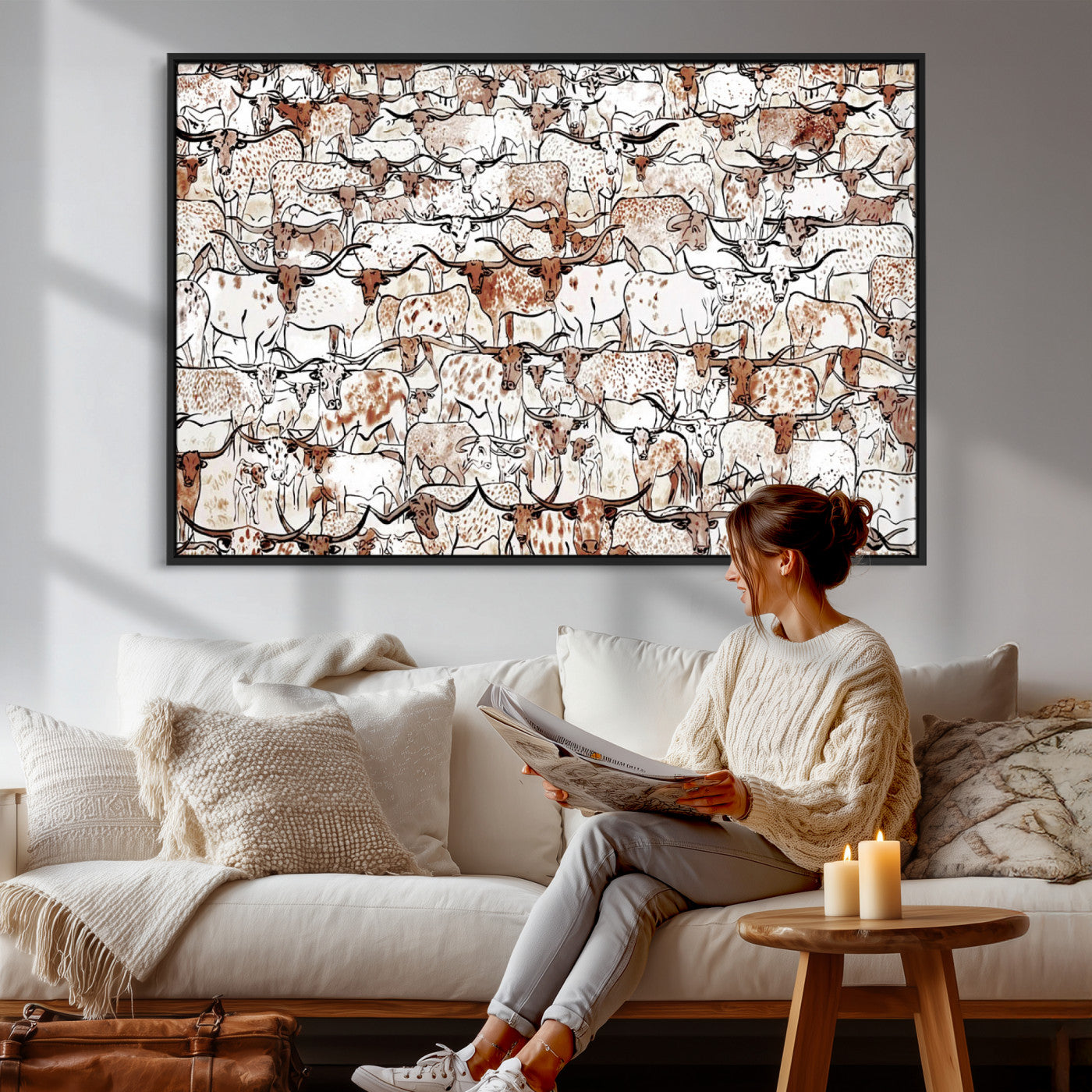 71869761-MGV-CV-36X24 - Farmhouse Animals Wall Art Canvas Print - Abstract Farm Animal Drawing Mid-Century Wall Art for Cabin Decor