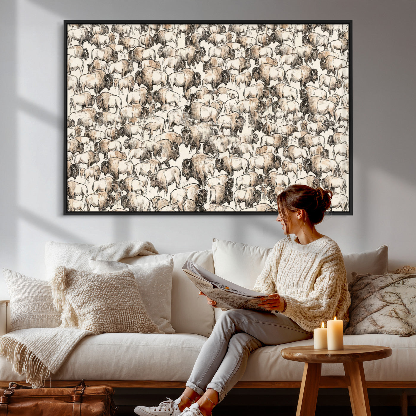 77502929-MGV-CV-36X24 - Farmhouse Animals Wall Art Canvas Print - Abstract Farm Animal Drawing Mid-Century Wall Art for Cabin Decor