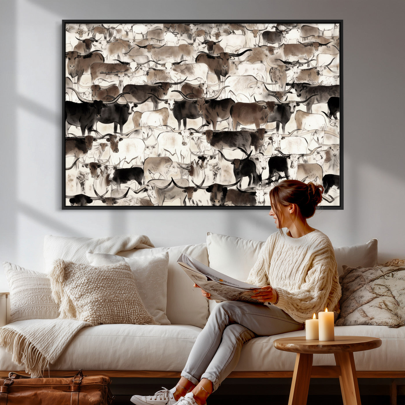 46084312-MGV-CV-36X24 - Farmhouse Animals Wall Art Canvas Print - Abstract Farm Animal Drawing Mid-Century Wall Art for Cabin Decor