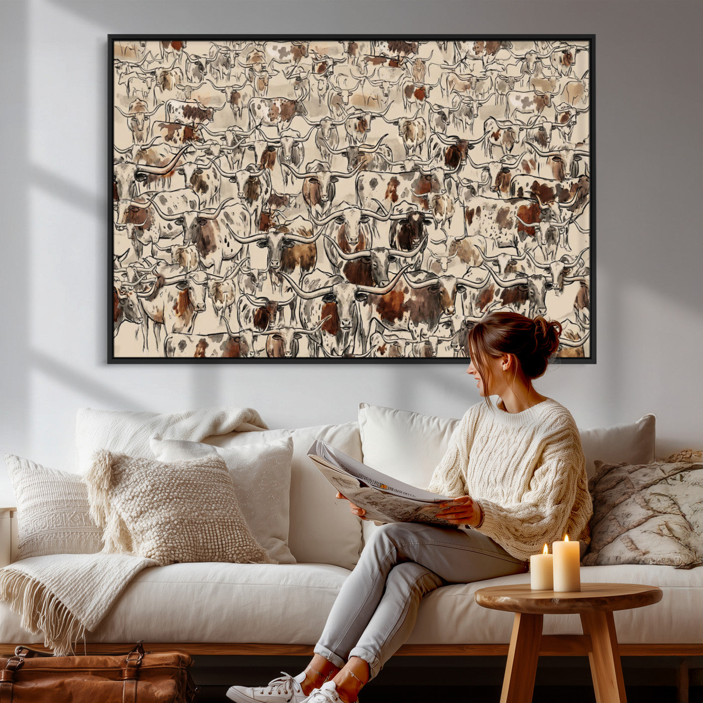 94808502-MGV-CV-36X24 - Farmhouse Animals Wall Art Canvas Print - Abstract Farm Animal Drawing Mid-Century Wall Art for Cabin Decor
