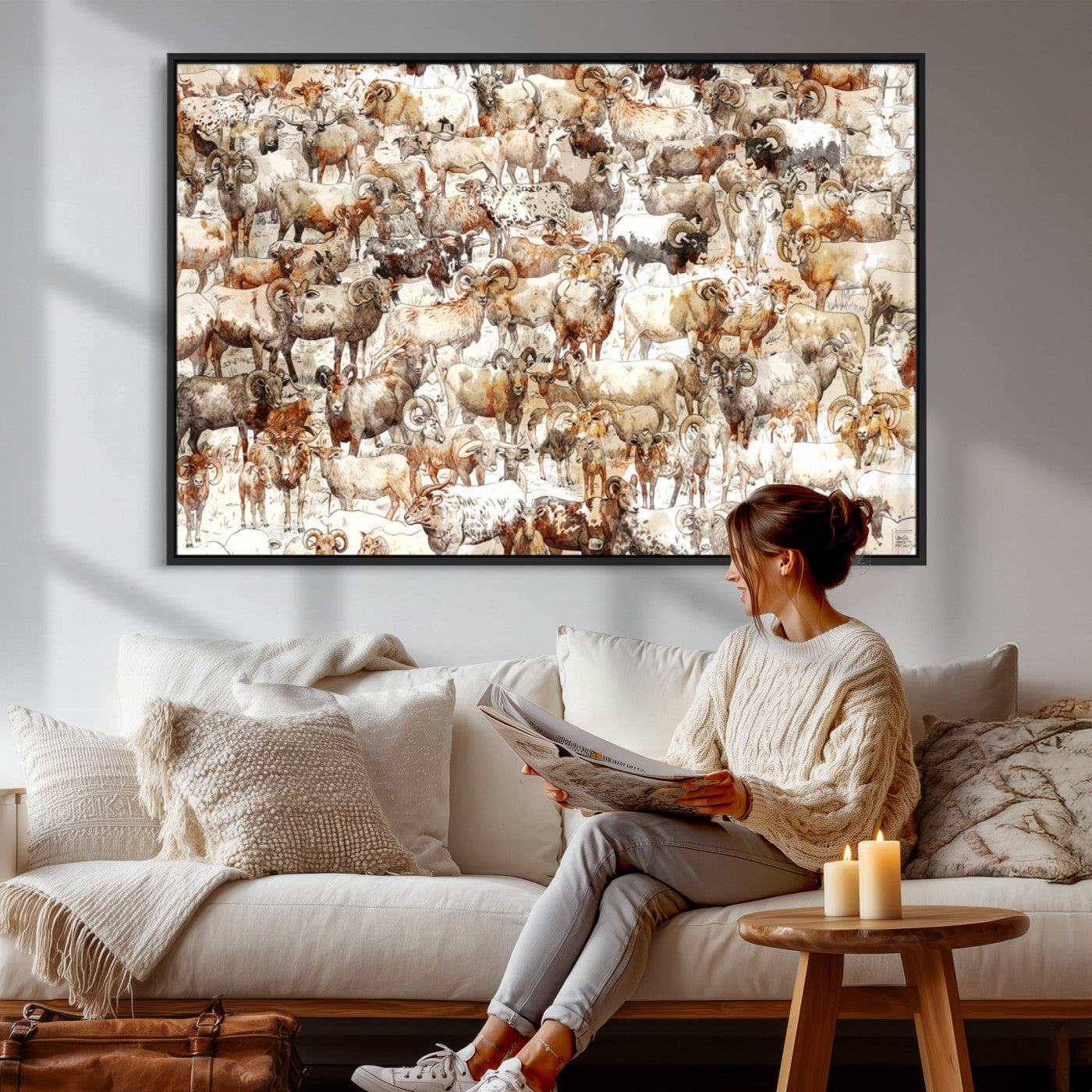 95103864-MGV-CV-36X24 - Farmhouse Animals Wall Art Canvas Print - Abstract Farm Animal Drawing Mid-Century Wall Art for Cabin Decor