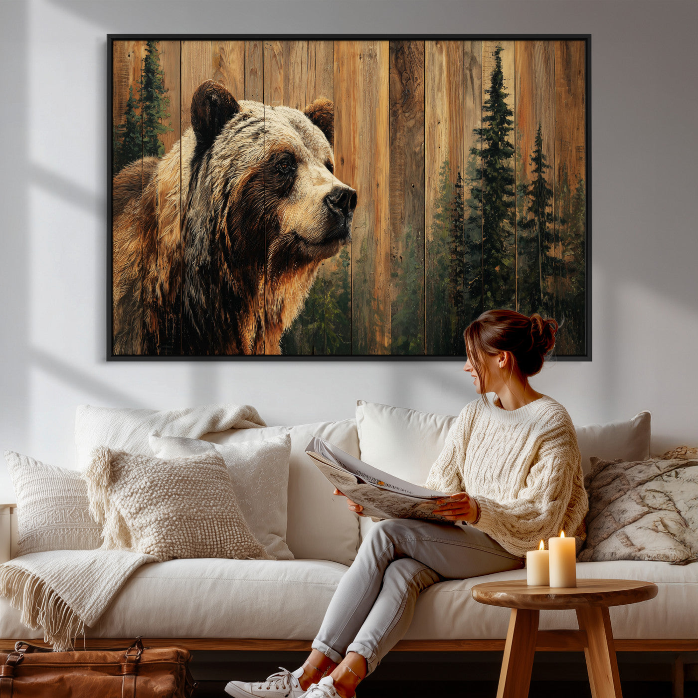 75645180-MGV-CV-36X24 - Grizzly Bear Wall Art Canvas Print, Rustic Wildlife Bear Artwork, Forest Animal Painting, Cabin Lodge Nature Wall Decor