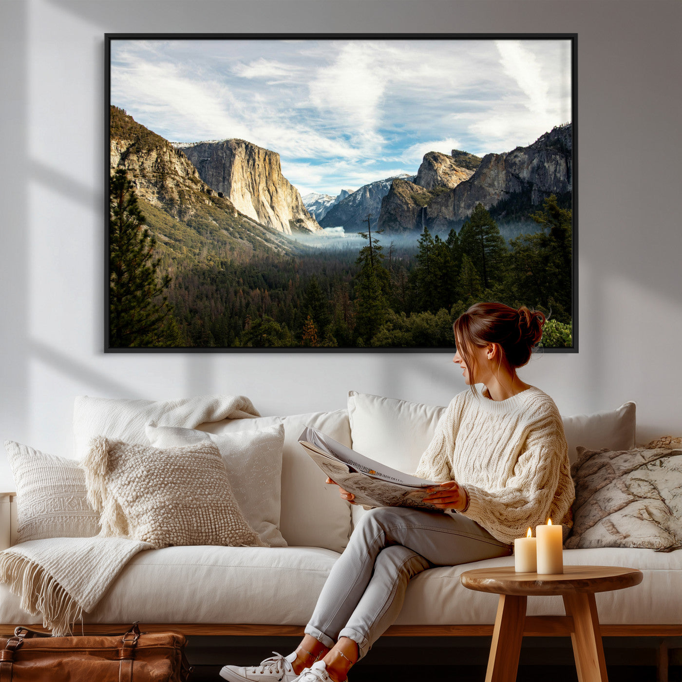 15089394-MGV-CV-36X24 - Yosemite Valley Mountain Landscape Wall Art Canvas Print, Granite Cliff Forest Valley Canvas Print, California National Park Scenic Art Printing