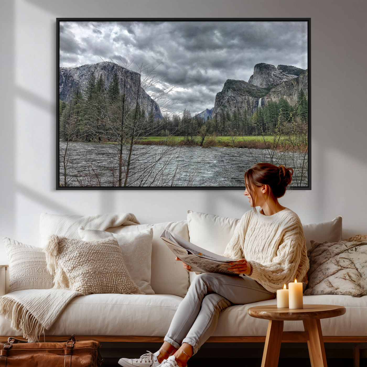 75582552-MGV-CV-36X24 - Yosemite Valley River Landscape Wall Art Canvas Print, Granite Cliffs Forest River Canvas Print, California National Park Moody Scenic Art Printi