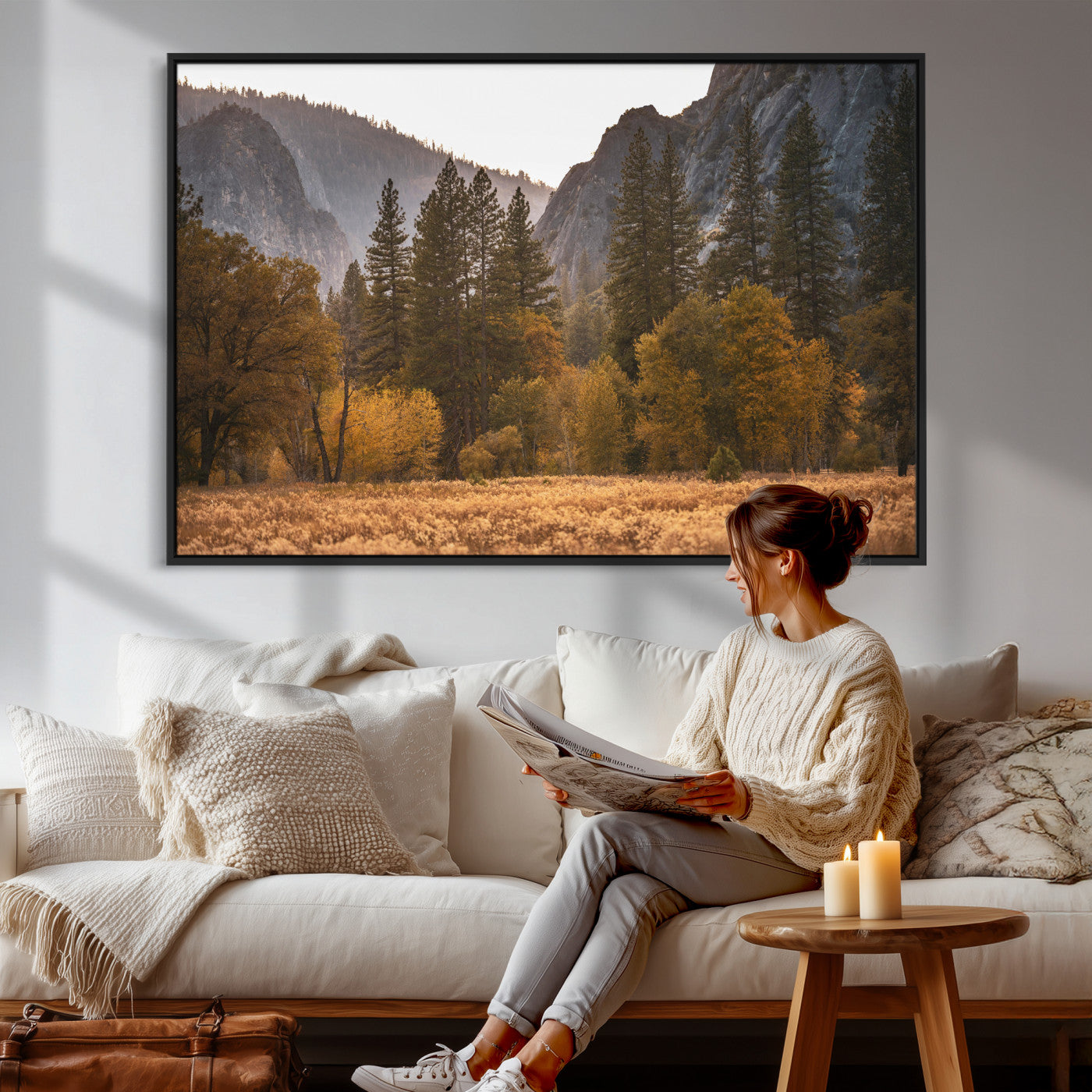 61682763-MGV-CV-36X24 - Yosemite Valley Autumn Forest Landscape Wall Art Canvas Print, Granite Mountain Pine Trees Canvas Print, California National Park Fall Scenic Art Printing