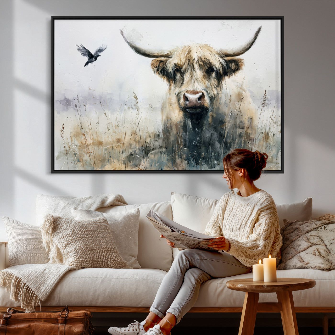 55652651-MGV-CV-36X24 - Abstract Highland Cow Watercolor Animal Wall Art Canvas Print, Rustic Farm Cattle Portrait Canvas Print, Neutral Wildlife Farmhouse Art Printing