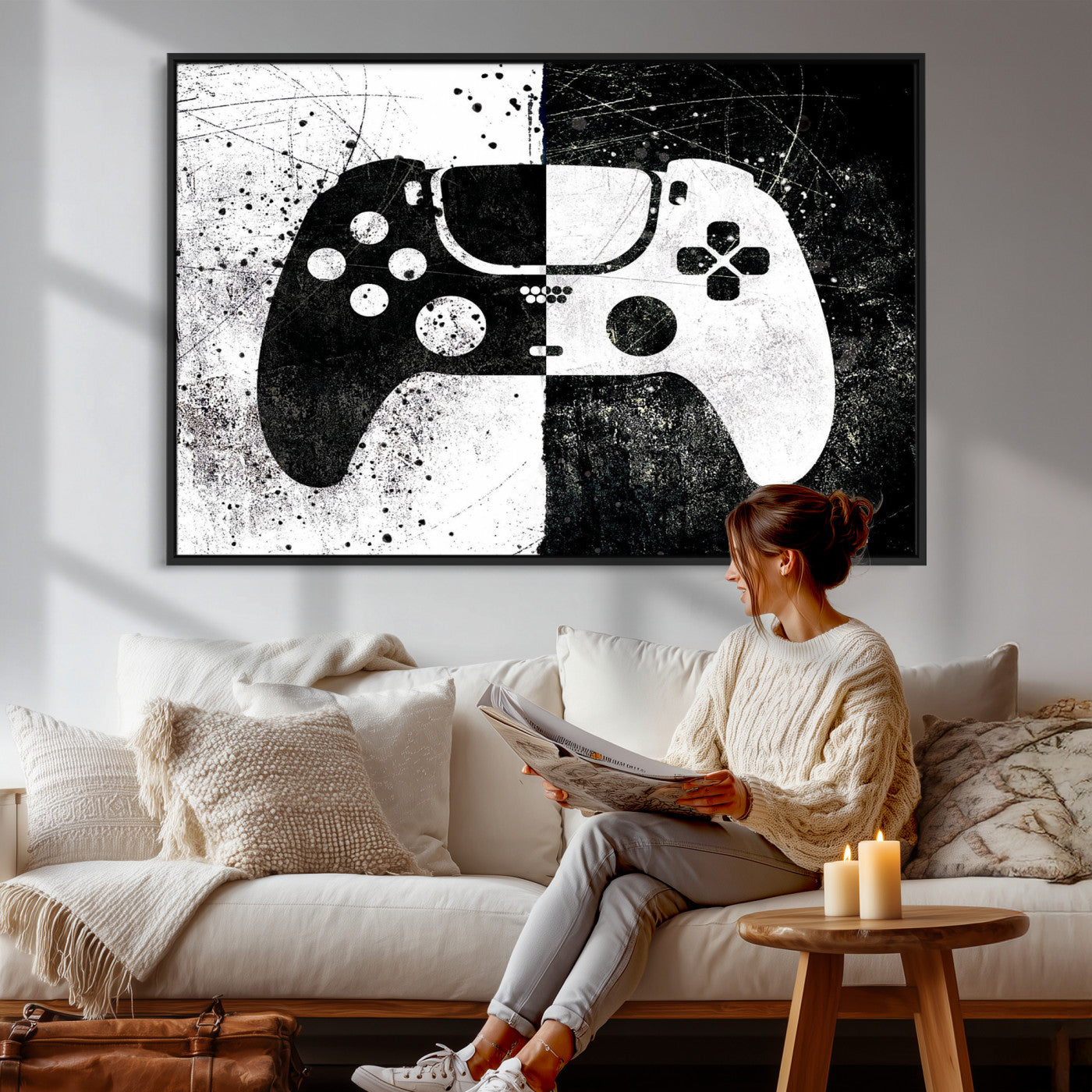 17525128-MGV-CV-36X24 - Abstract Gaming Controller Wall Art Canvas Print, Black White Video Game Controller Modern Canvas Print, Minimal Gamer Graphic Art Printing