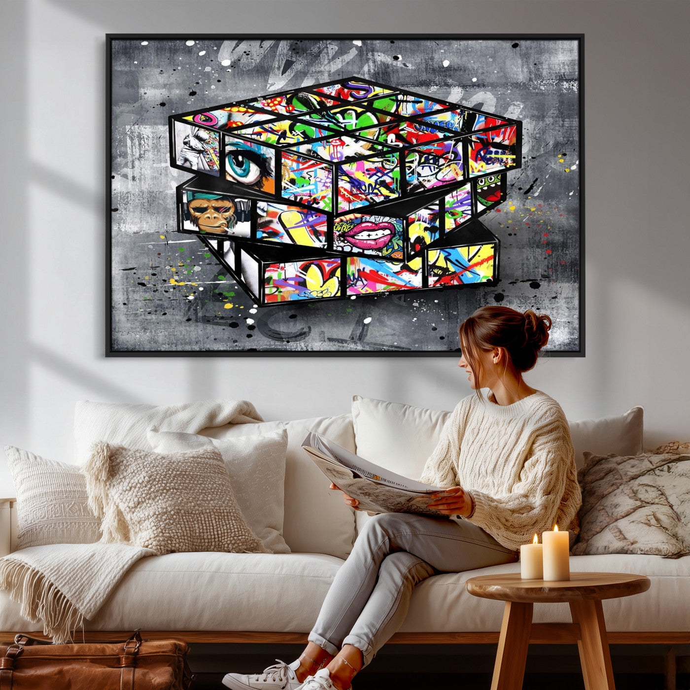 46789556-MGV-CV-36X24 - Graffiti Cube Abstract Street Art Wall Art Canvas Print, Colorful Urban Pop Art Geometric Canvas Print, Modern Street Art Contemporary Art Printing