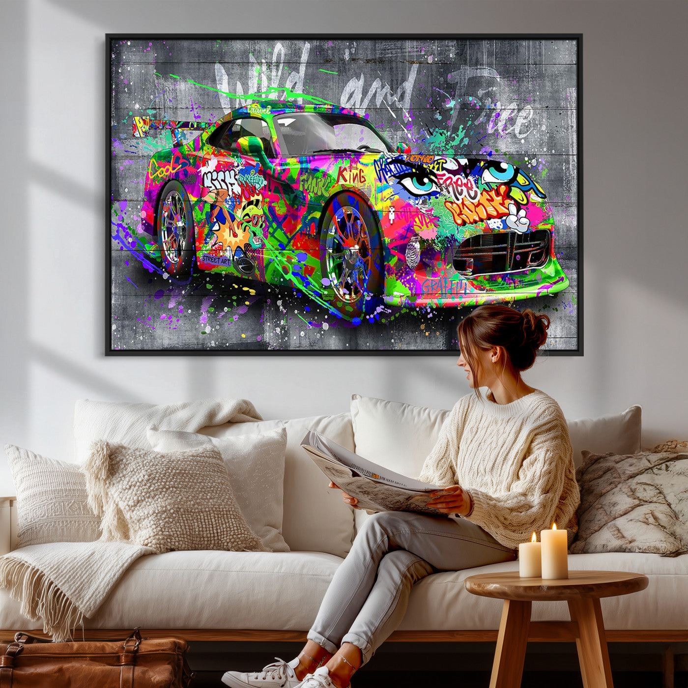 95314968-MGV-CV-36X24 - Graffiti Sports Car Street Art Wall Art Canvas Print, Colorful Urban Supercar Pop Art Canvas Print, Modern Graffiti Car Contemporary Art Printing