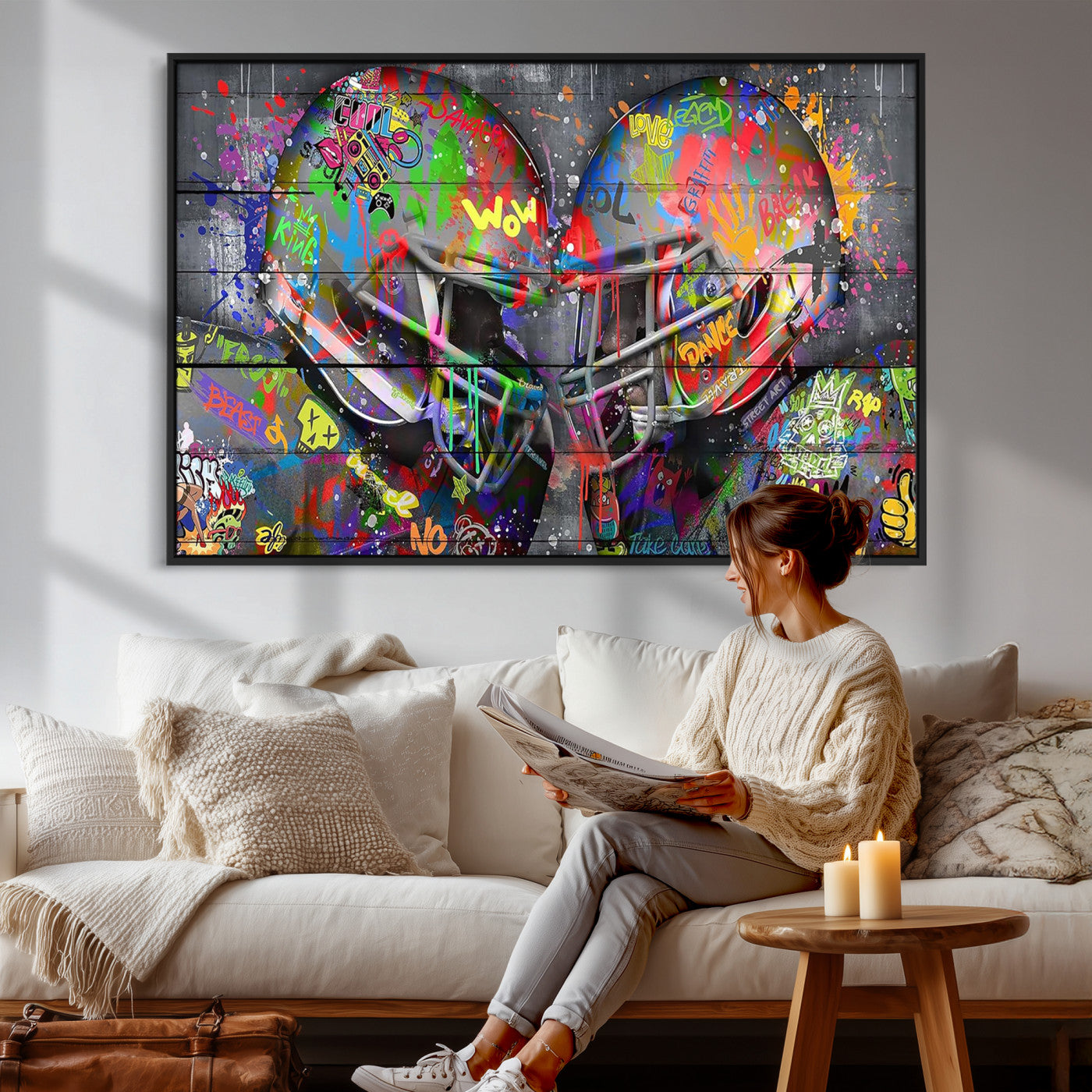 15309853-MGV-CV-36X24 - Graffiti Football Helmets Wall Art Canvas Print, Urban Street Art Sports Decor, Colorful American Football Graffiti Artwork