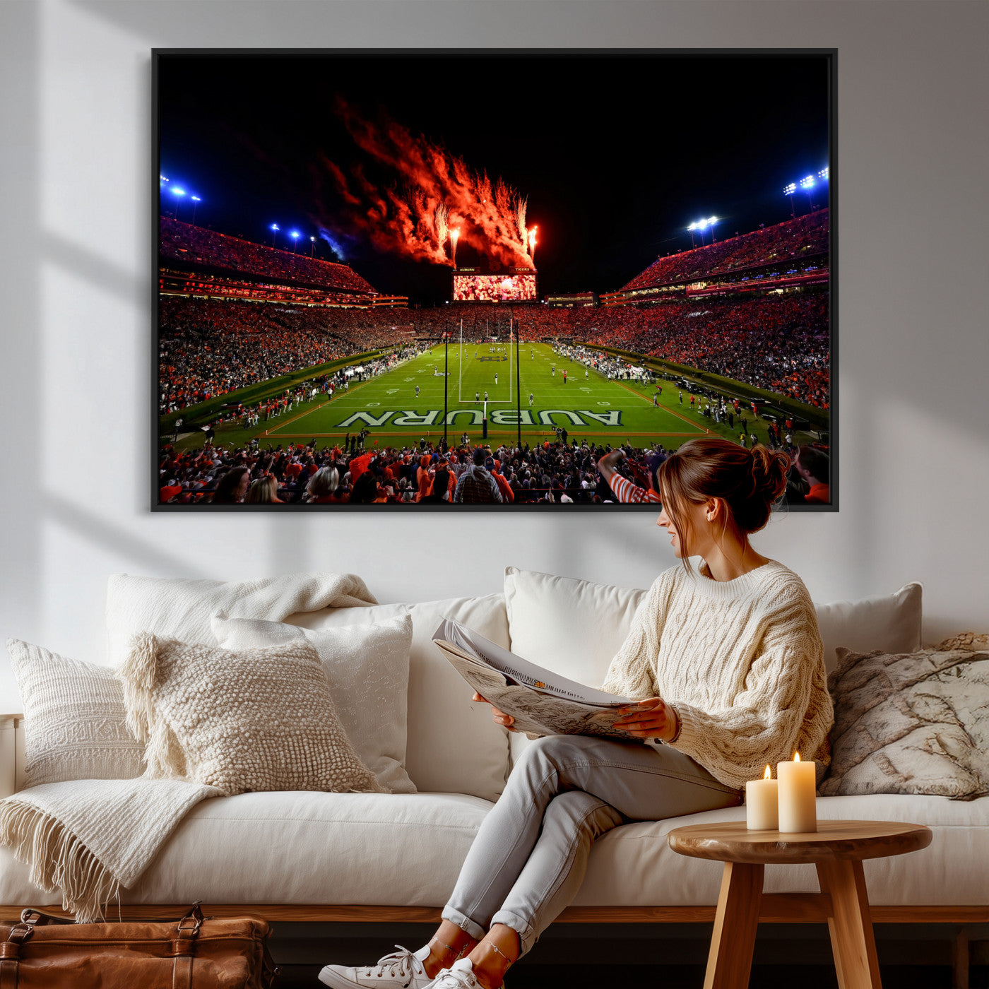 81918884-MGV-CV-36X24 - Auburn Stadium Wall Art Canvas Print, College Football Night Game Crowd, Jordan Hare Stadium Artwork