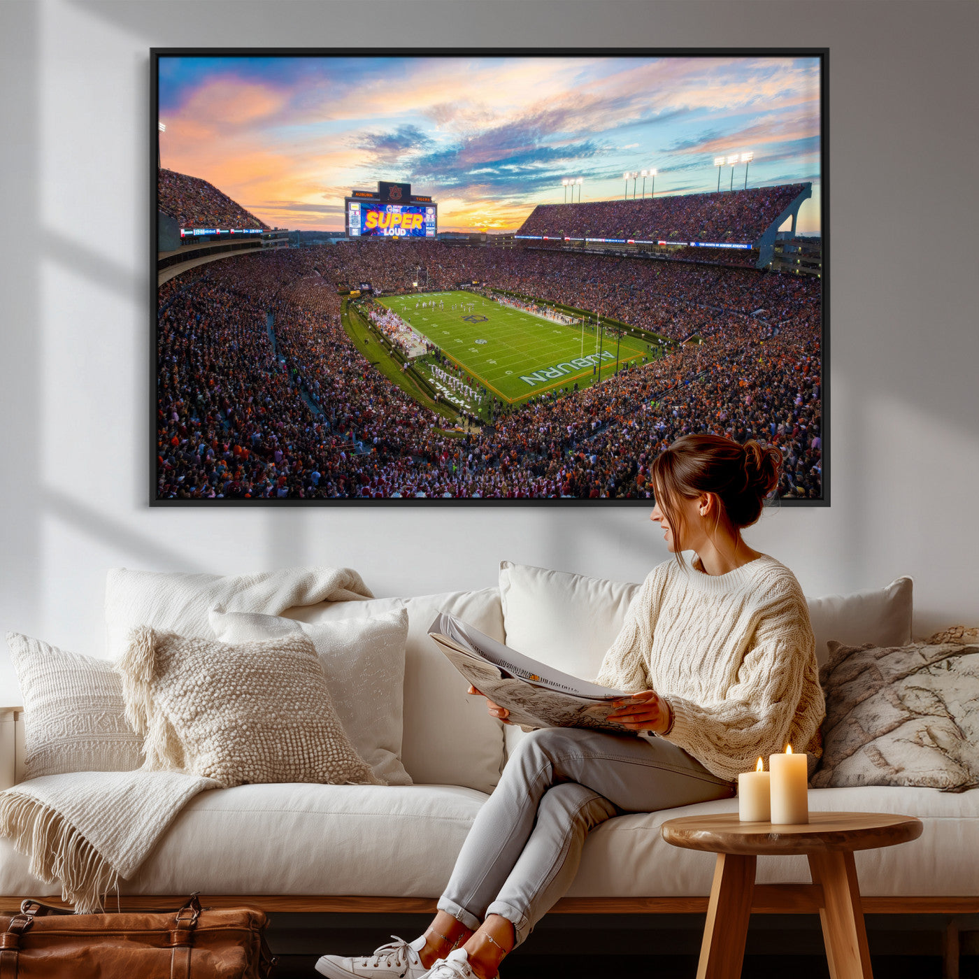 75203764-MGV-CV-36X24 - Auburn Stadium Sunset Wall Art Canvas Print, Jordan Hare Stadium Game Day Crowd, Auburn Tigers Football Artwork