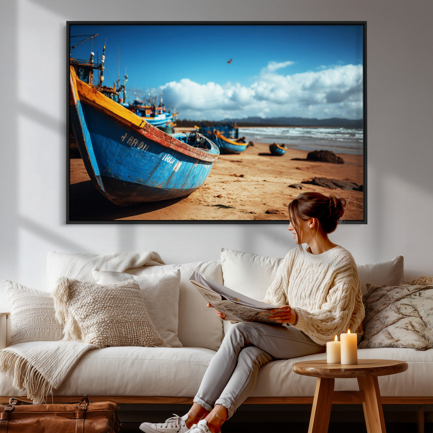70925201-MGV-CV-36X24 - Fishing Boats Wall Art Canvas Print, Coastal Boat Beach Scene, Nautical Seaside Artwork, Ocean Shore Decor, Coastal Home Wall Art