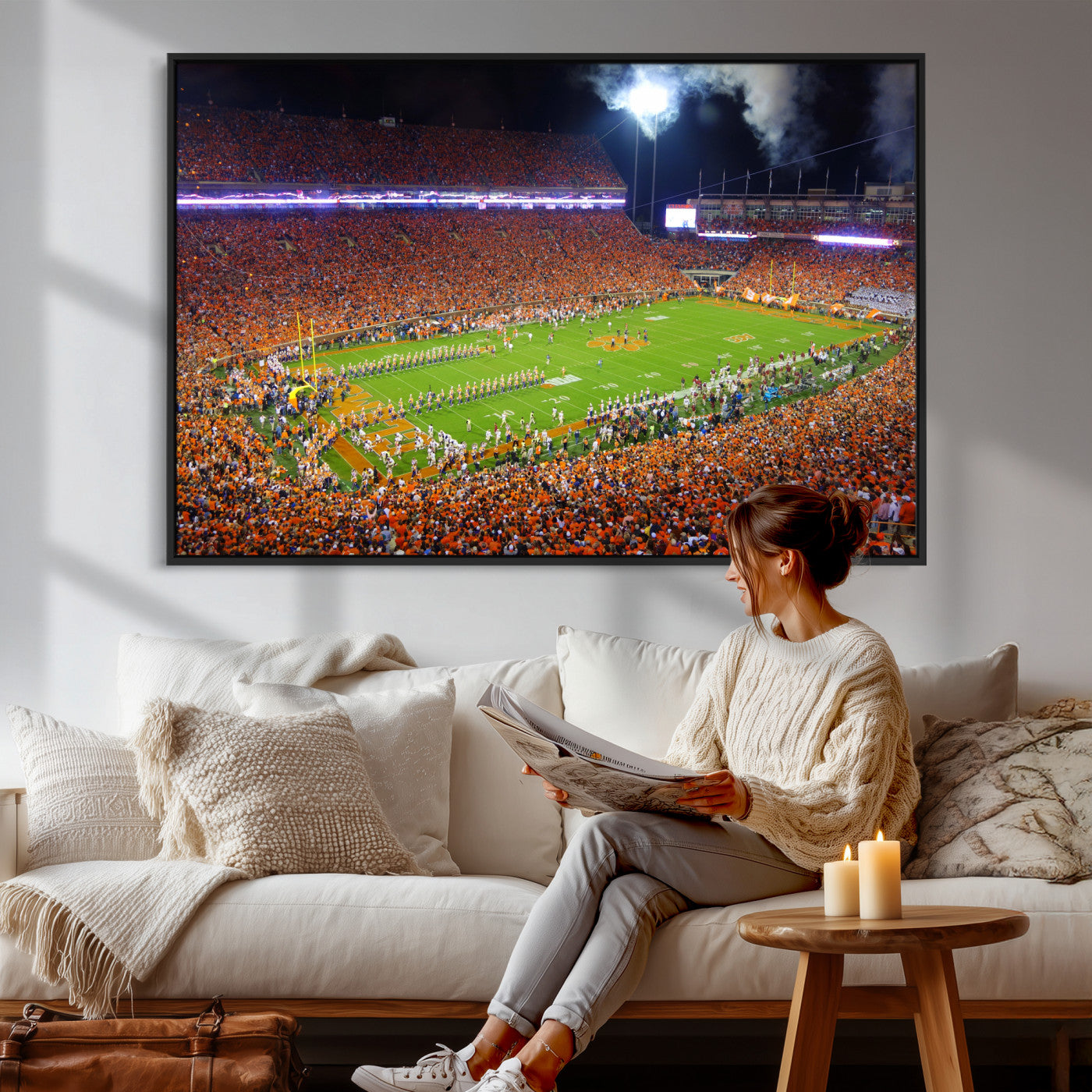 43662631-MGV-CV-36X24 - Clemson Football Stadium Wall Art Canvas Print, College Football Crowd Night Game Scene, Orange Stadium Panorama Wall Decor